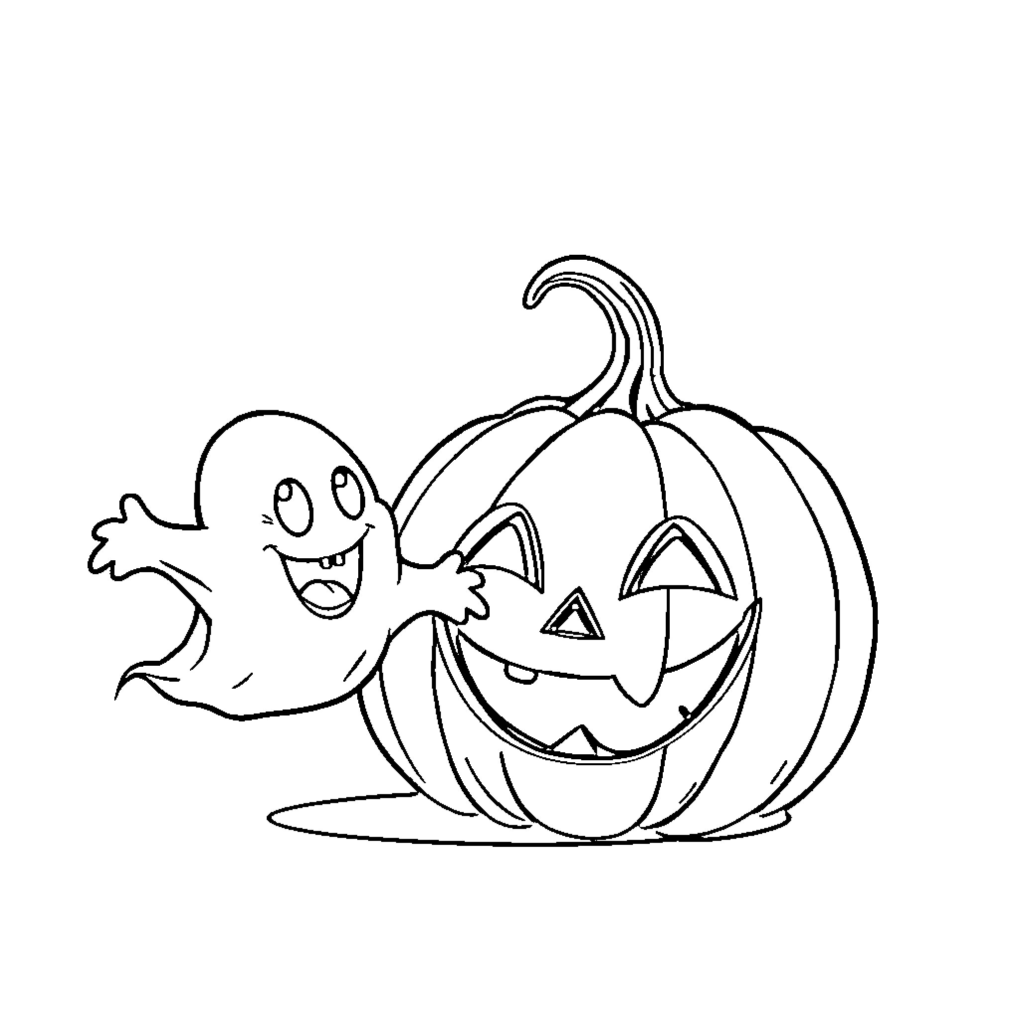 Pumpkin with spooky ghost Coloring Page (free black-and-white line drawing printable PDF for all, from beginners to advanced learners, including children, teens, adults, and seniors)
