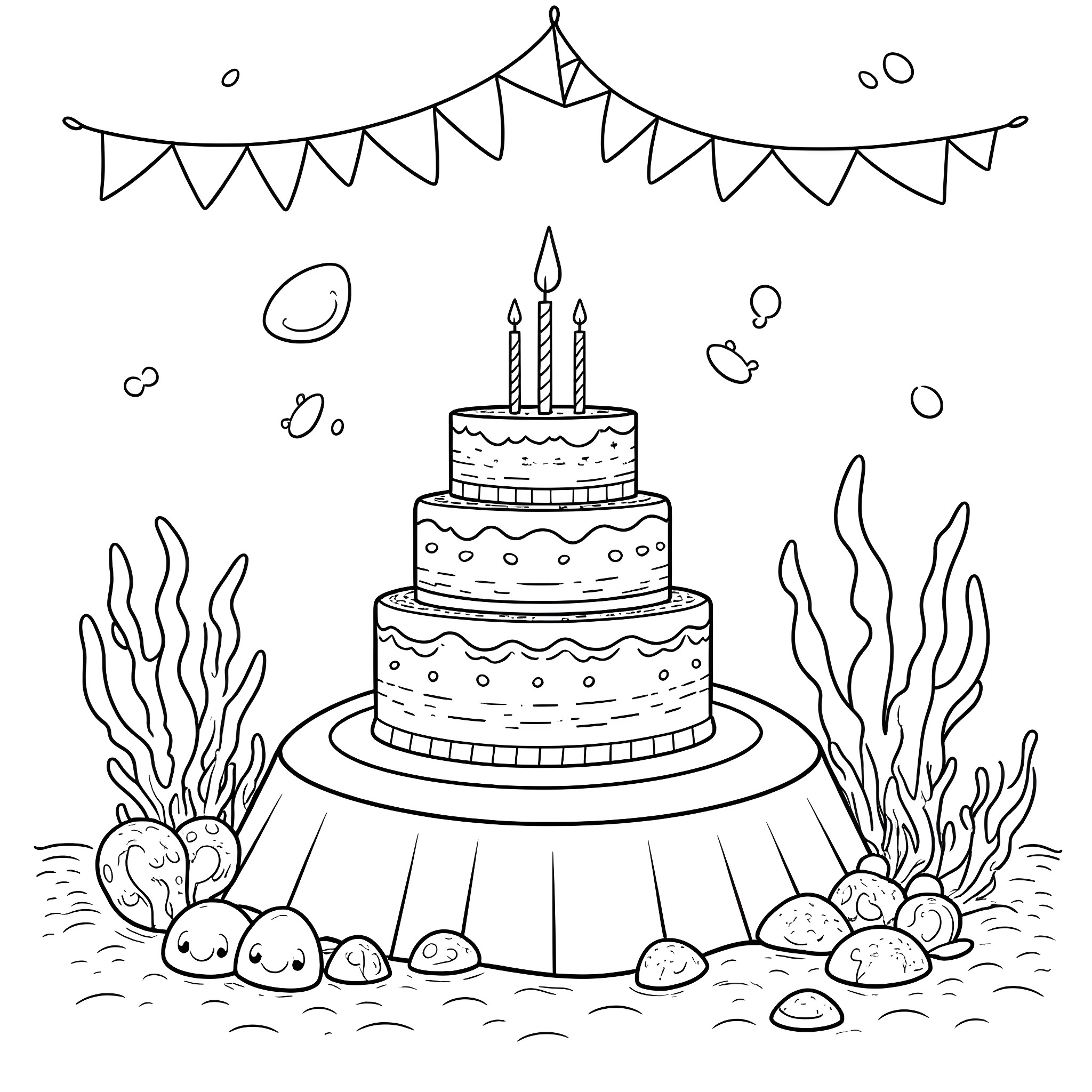 Under the Sea Birthday Celebration Coloring Page (free black-and-white line drawing printable PDF for all, from beginners to advanced learners, including children, teens, adults, and seniors)