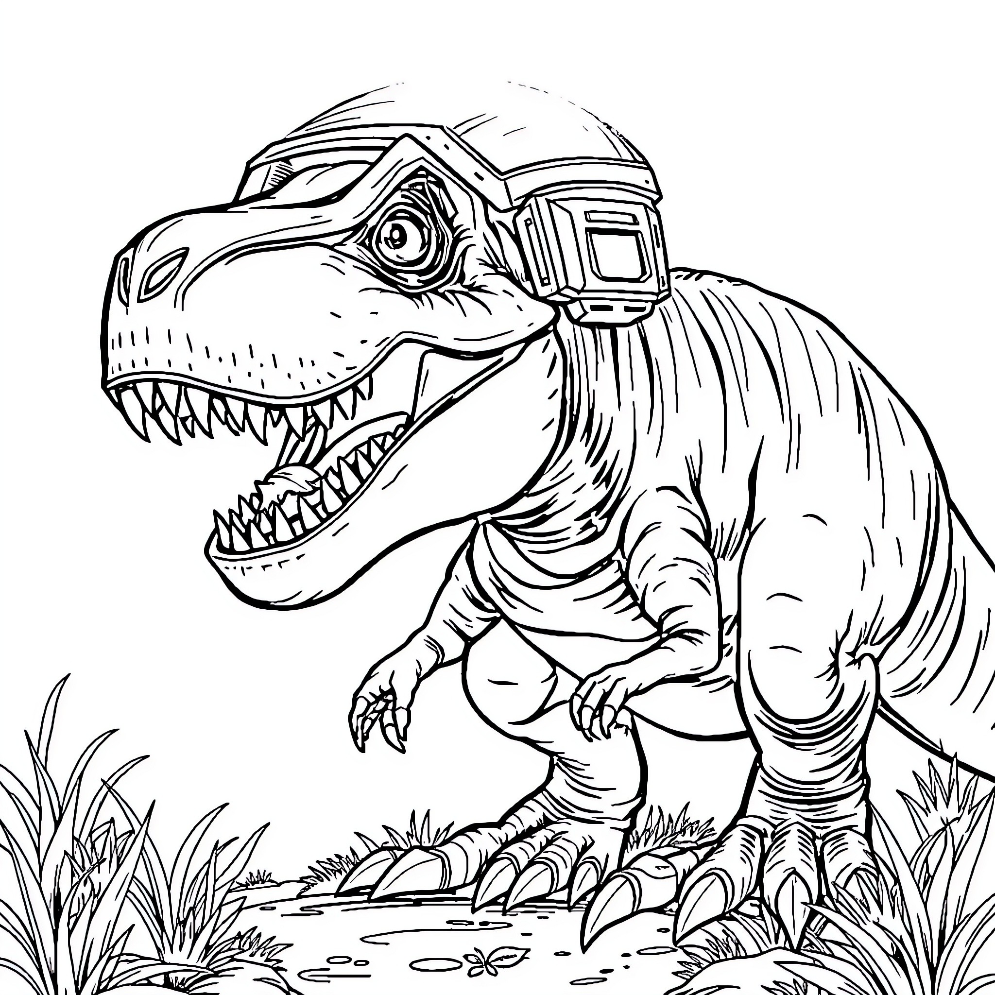 Tyrannosaurus Rex roaming prehistoric landscape Coloring Page (free black-and-white line drawing printable PDF for all, from beginners to advanced learners, including children, teens, adults, and seniors)