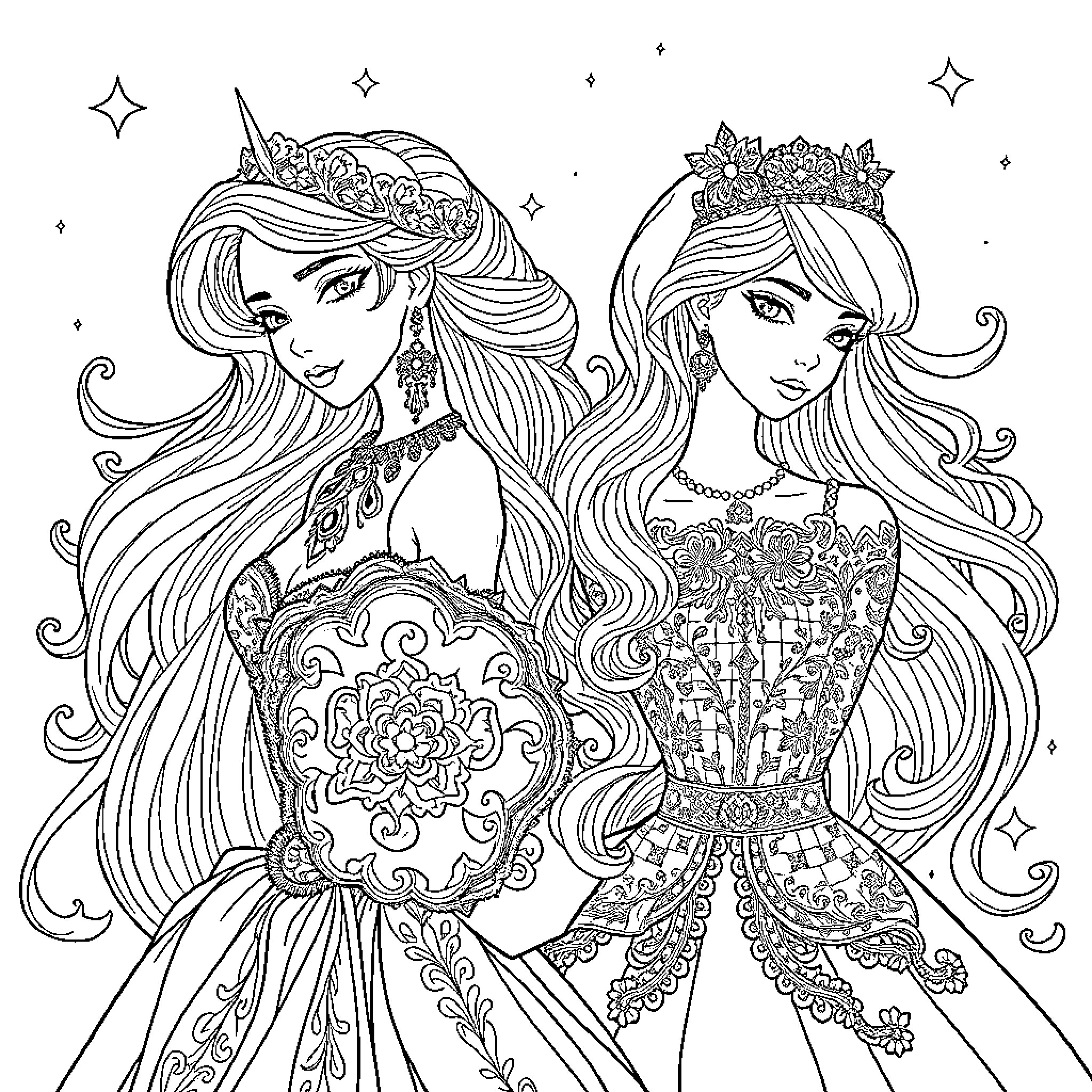 Fantasy Girls in Elaborate Dresses and Hairstyles Coloring Page (free black-and-white line drawing printable PDF for all, from beginners to advanced learners, including children, teens, adults, and seniors)