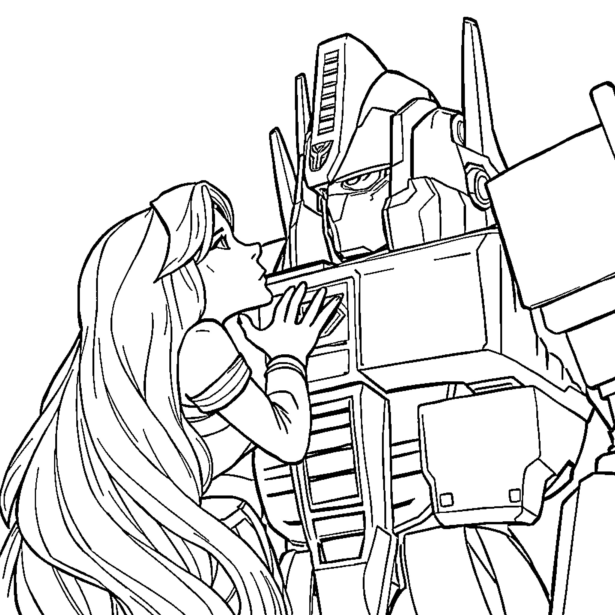 Rapunzel interacting with a powerful robotic figure Coloring Page (free black-and-white line drawing printable PDF for all, from beginners to advanced learners, including children, teens, adults, and seniors)