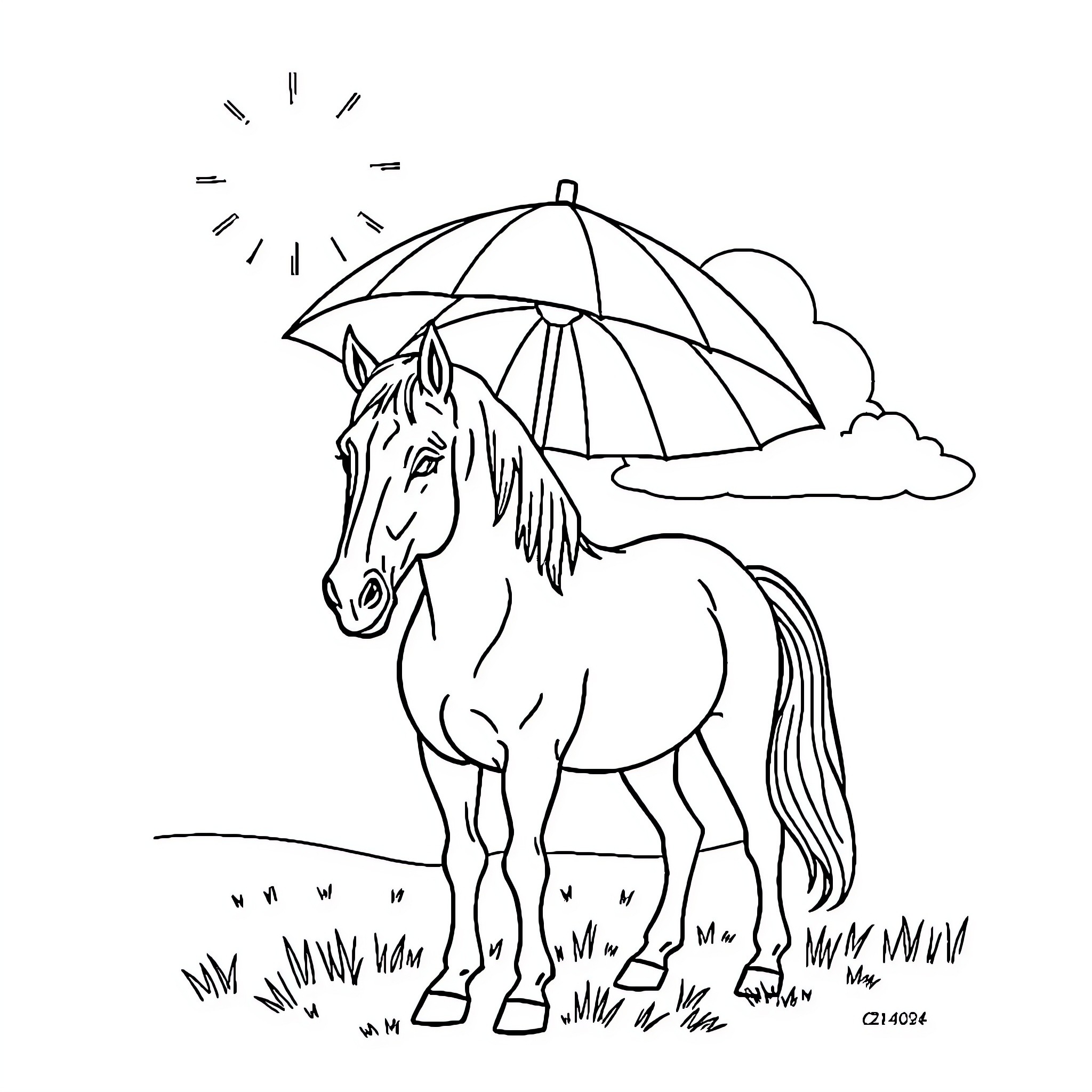 Horse standing under colorful umbrella on sunny day Coloring Page (free black-and-white line drawing printable PDF for all, from beginners to advanced learners, including children, teens, adults, and seniors)