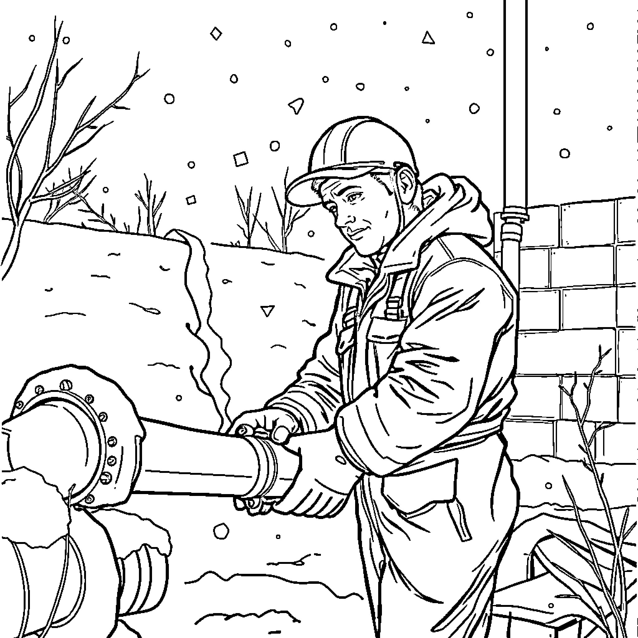 Pipefitter at Work in the Cold Winter Outdoors Coloring Page (free black-and-white line drawing printable PDF for all, from beginners to advanced learners, including children, teens, adults, and seniors)