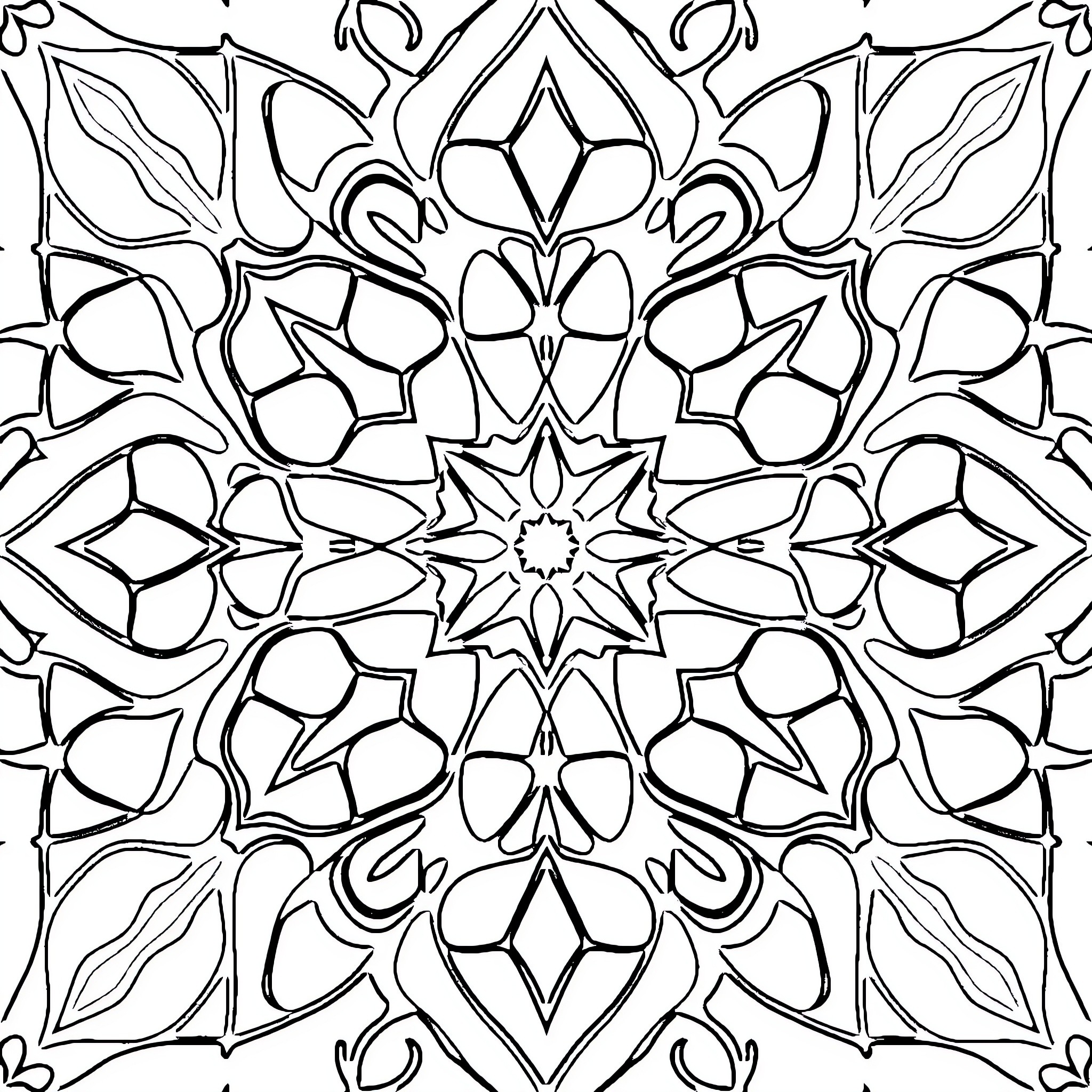 Pattern of Symmetrical Floral Design Coloring Page (free black-and-white line drawing printable PDF for all, from beginners to advanced learners, including children, teens, adults, and seniors)