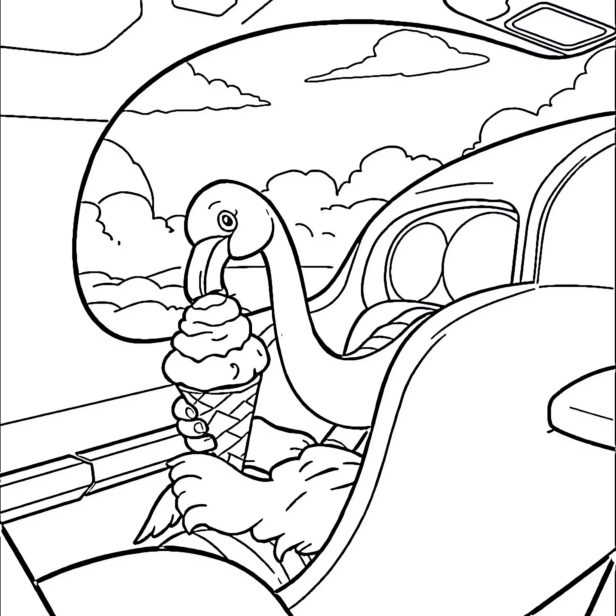 Flamingo enjoying an ice cream cone outdoors Coloring Page (free black-and-white line drawing printable PDF for all, from beginners to advanced learners, including children, teens, adults, and seniors)