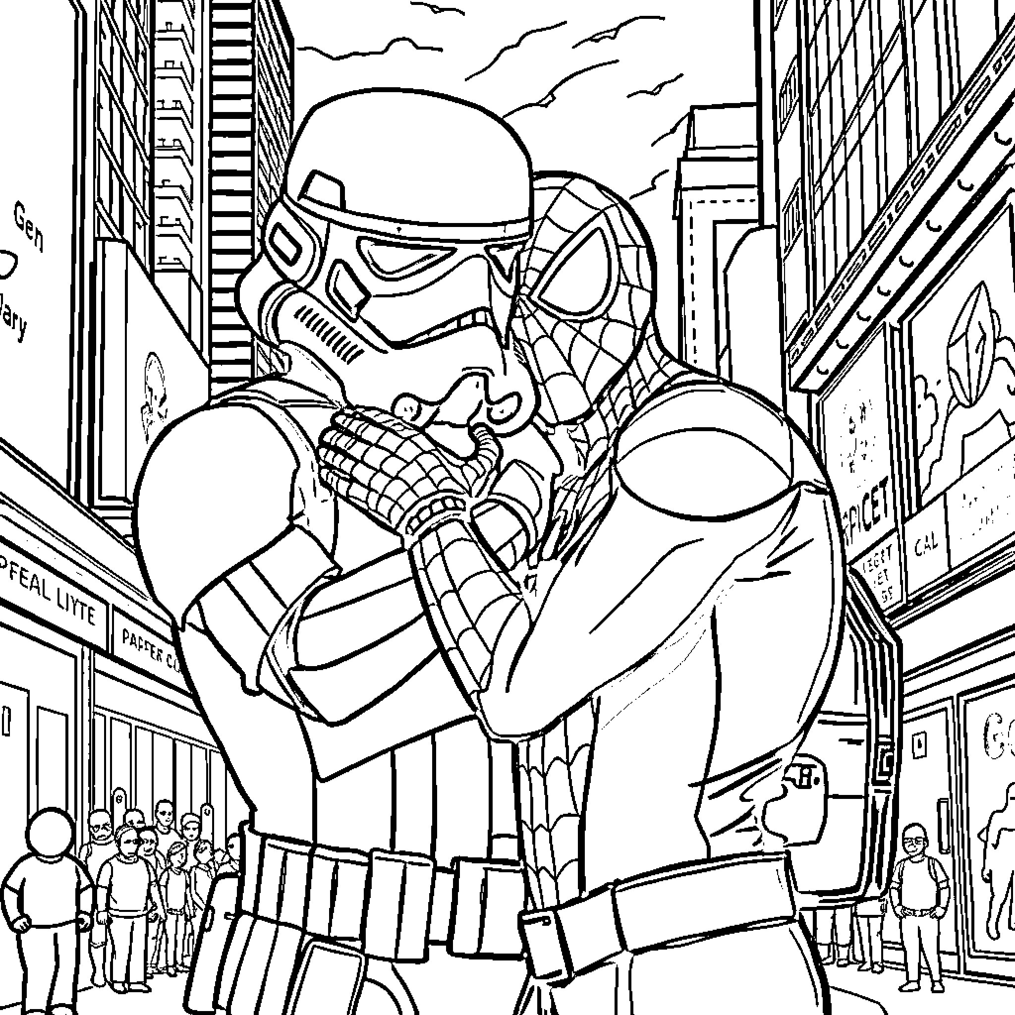 Spider-Man fighting alongside a Stormtrooper in the city Coloring Page (free black-and-white line drawing printable PDF for all, from beginners to advanced learners, including children, teens, adults, and seniors)