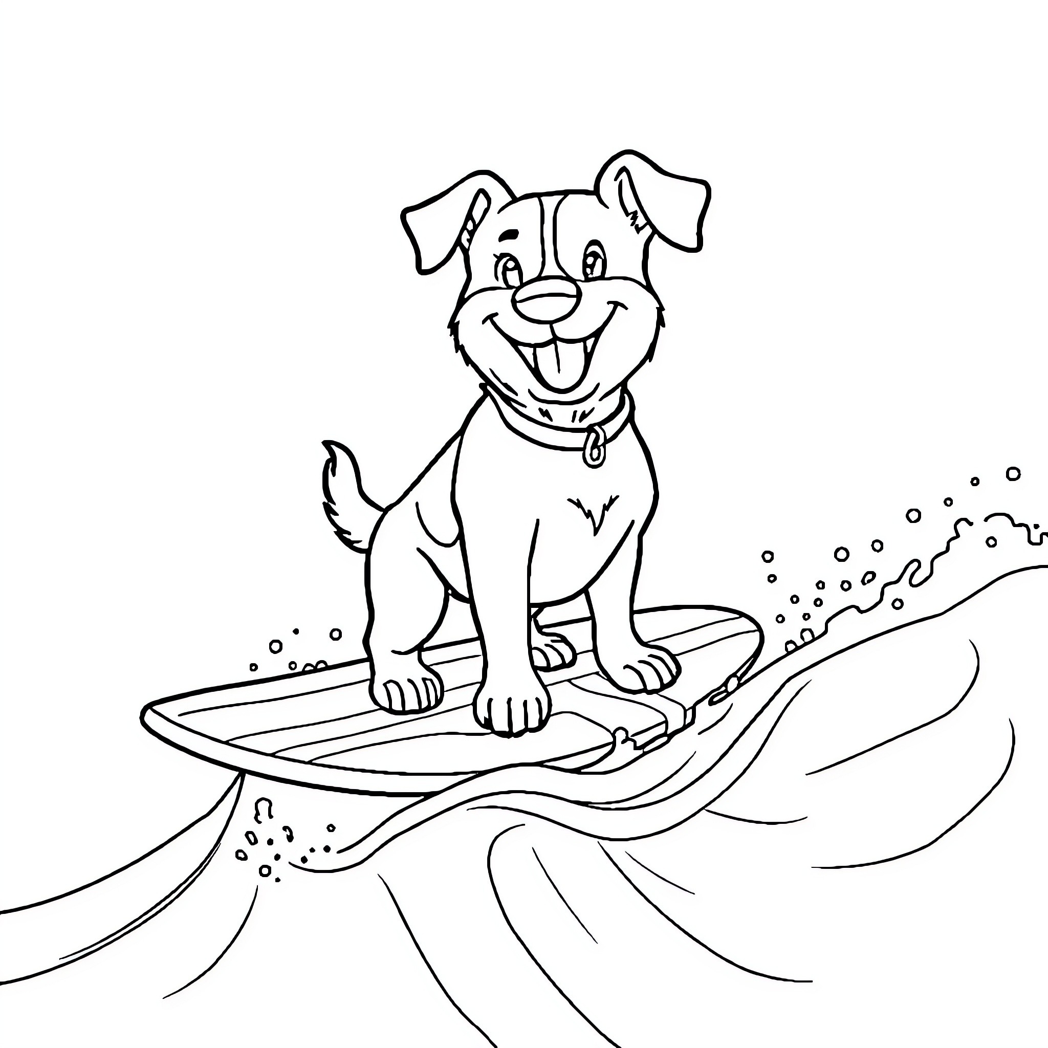 Dog surfing happily on the waves Coloring Page (free black-and-white line drawing printable PDF for all, from beginners to advanced learners, including children, teens, adults, and seniors)