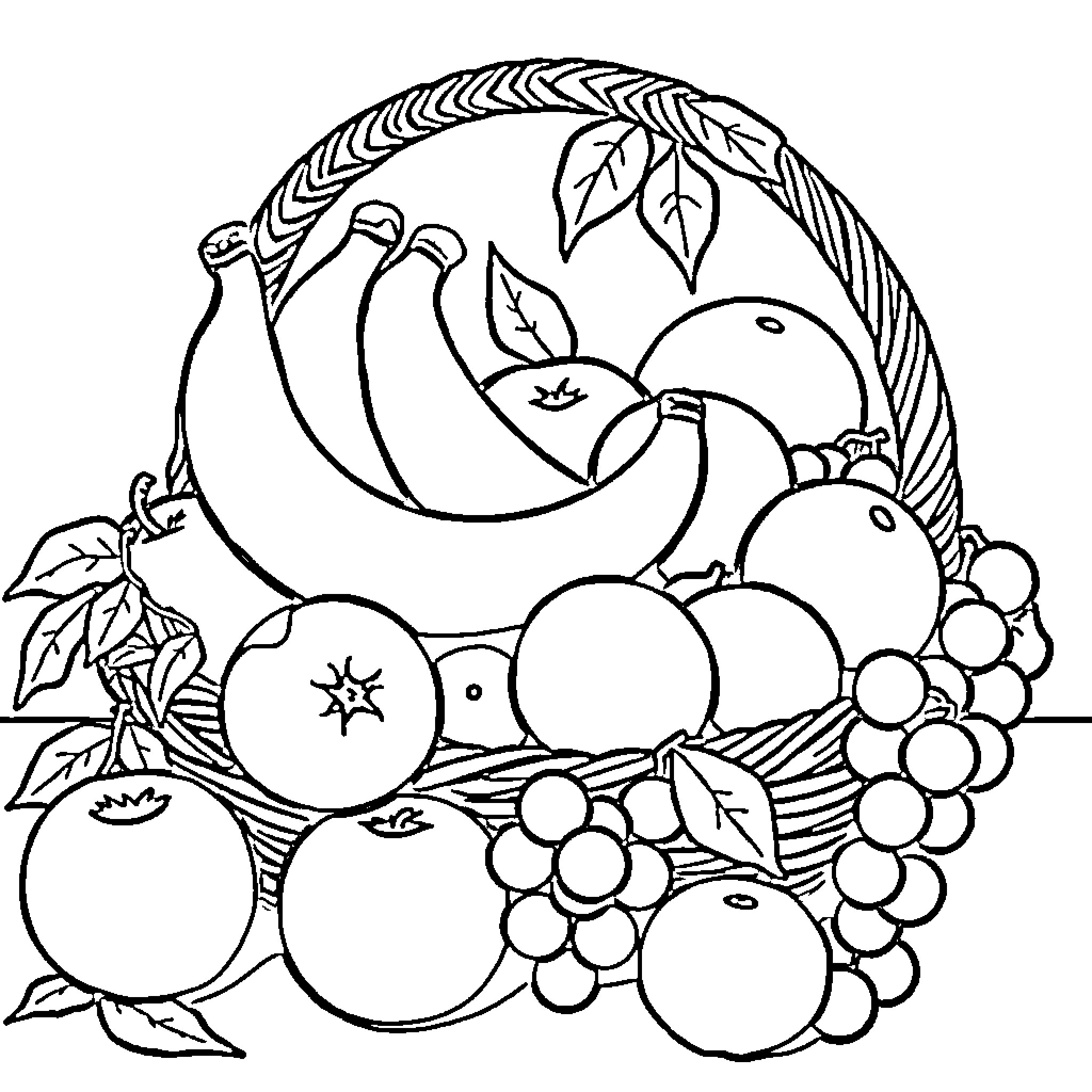 Fruit basket with assorted produce Coloring Page (free black-and-white line drawing printable PDF for all, from beginners to advanced learners, including children, teens, adults, and seniors)