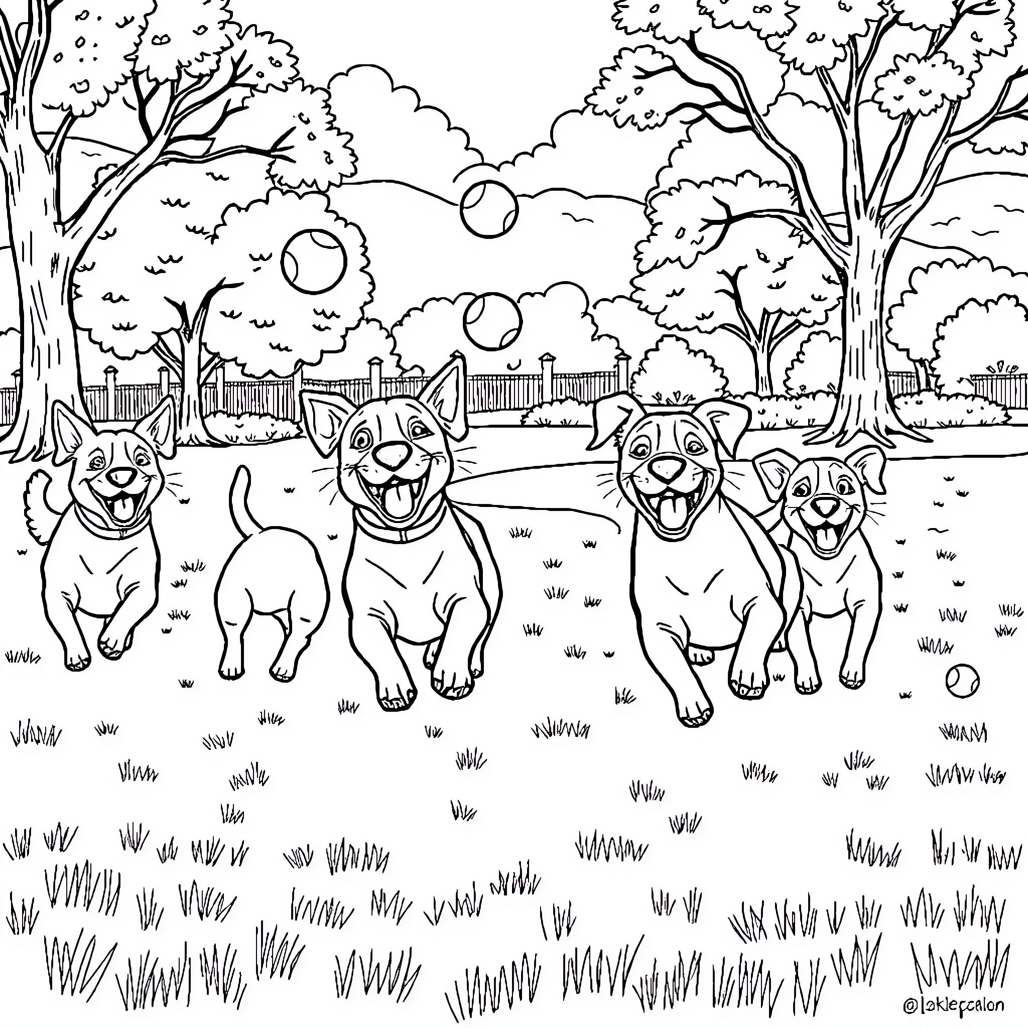 Dogs playing joyfully in the park Coloring Page (free black-and-white line drawing printable PDF for all, from beginners to advanced learners, including children, teens, adults, and seniors)
