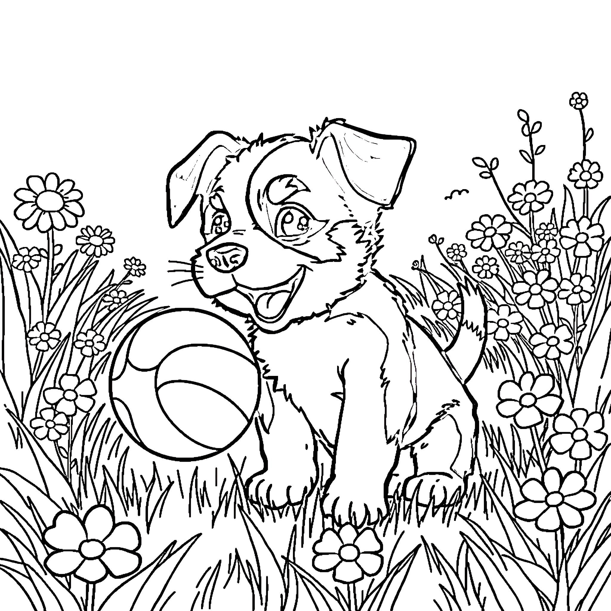 Poppy the Playful Puppy in the Floral Garden Coloring Page (free black-and-white line drawing printable PDF for all, from beginners to advanced learners, including children, teens, adults, and seniors)