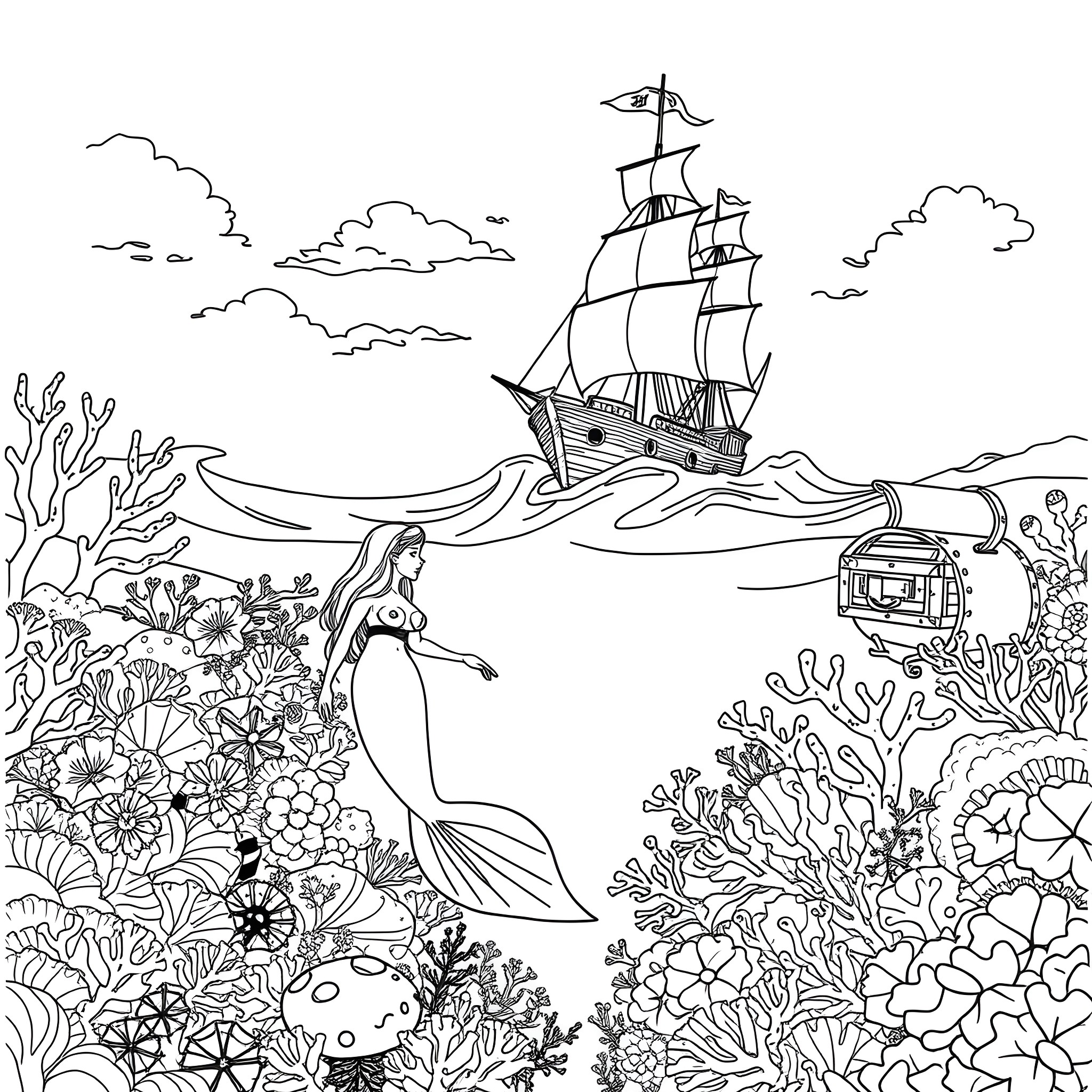 Mermaid swimming in the ocean with a sailing ship Coloring Page (free black-and-white line drawing printable PDF for all, from beginners to advanced learners, including children, teens, adults, and seniors)