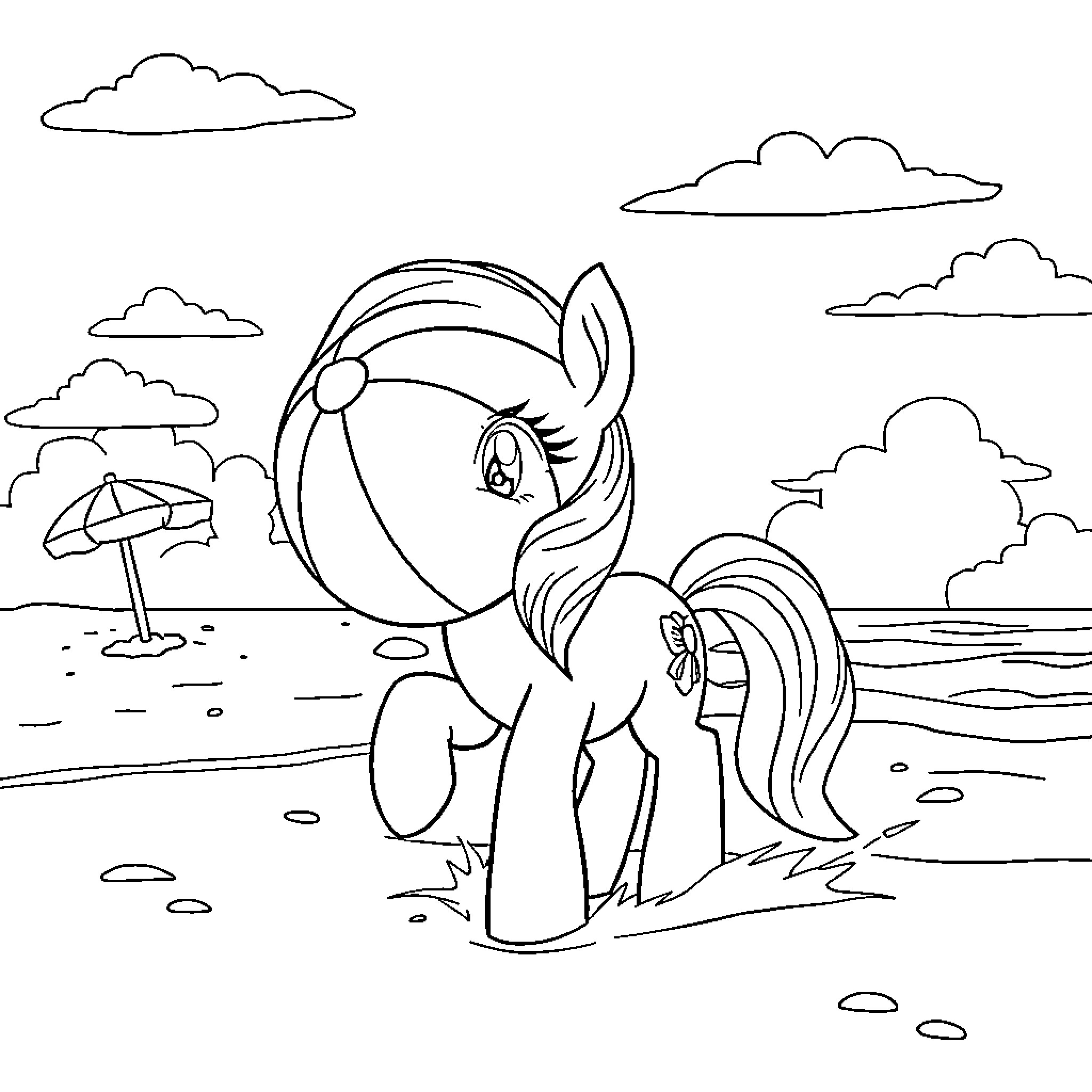 Pony enjoying beach scenery on a sunny day Coloring Page (free black-and-white line drawing printable PDF for all, from beginners to advanced learners, including children, teens, adults, and seniors)
