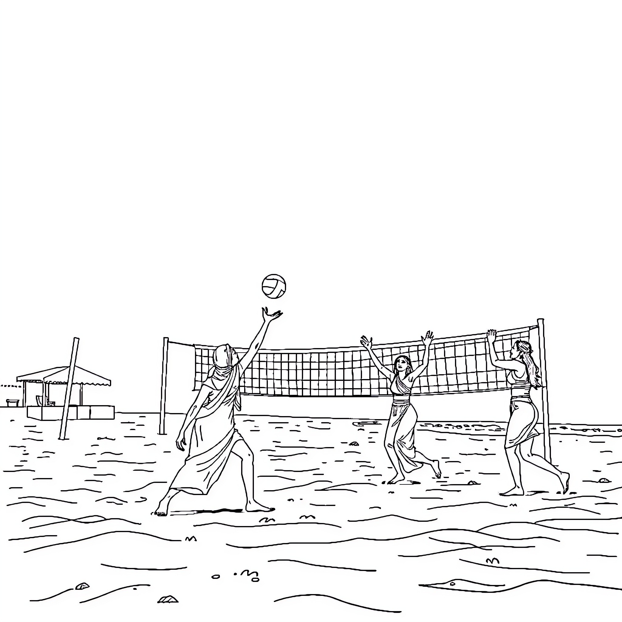 Woman playing beach volleyball with friends Coloring Page (free black-and-white line drawing printable PDF for all, from beginners to advanced learners, including children, teens, adults, and seniors)