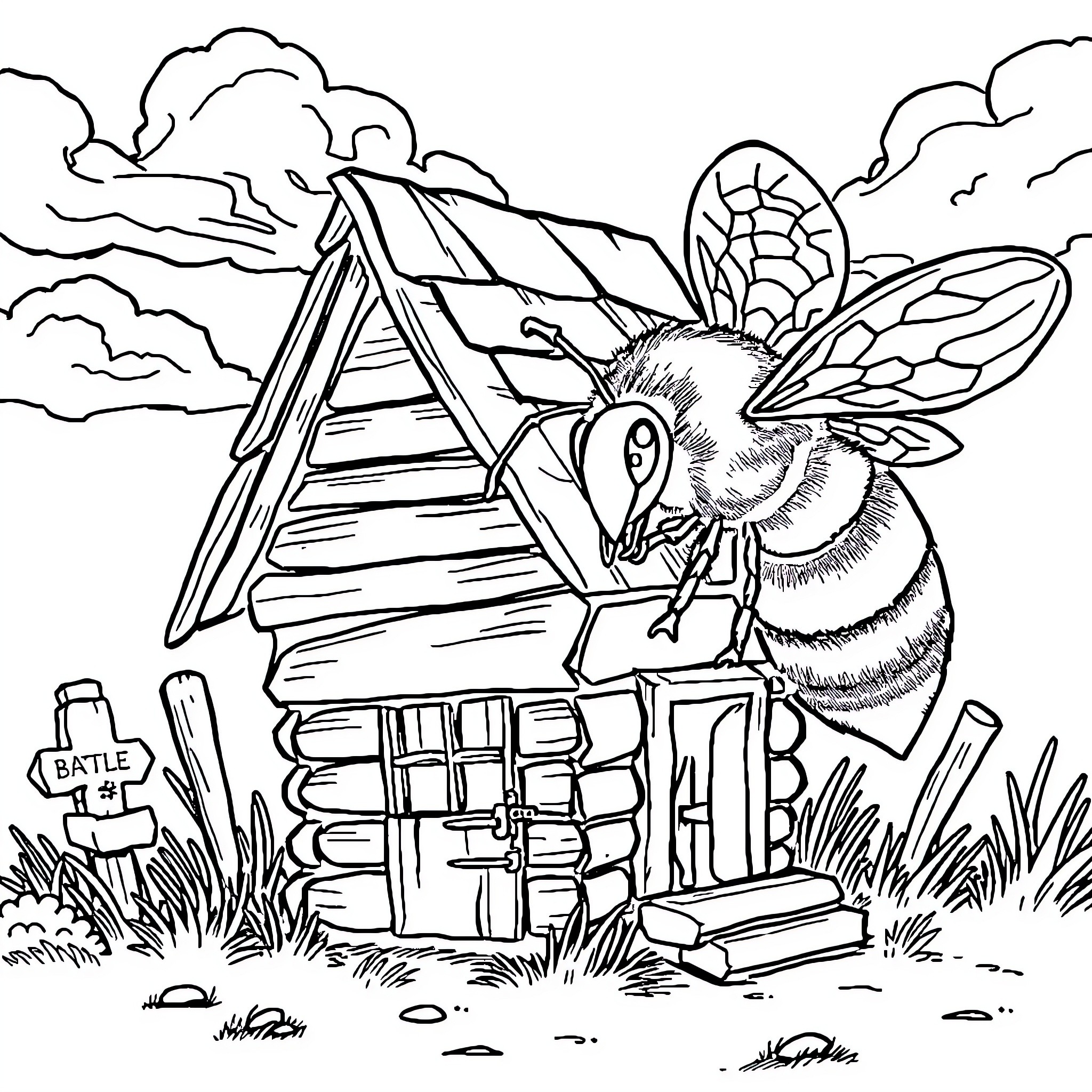Bee exploring the beehive in the countryside Coloring Page (free black-and-white line drawing printable PDF for all, from beginners to advanced learners, including children, teens, adults, and seniors)