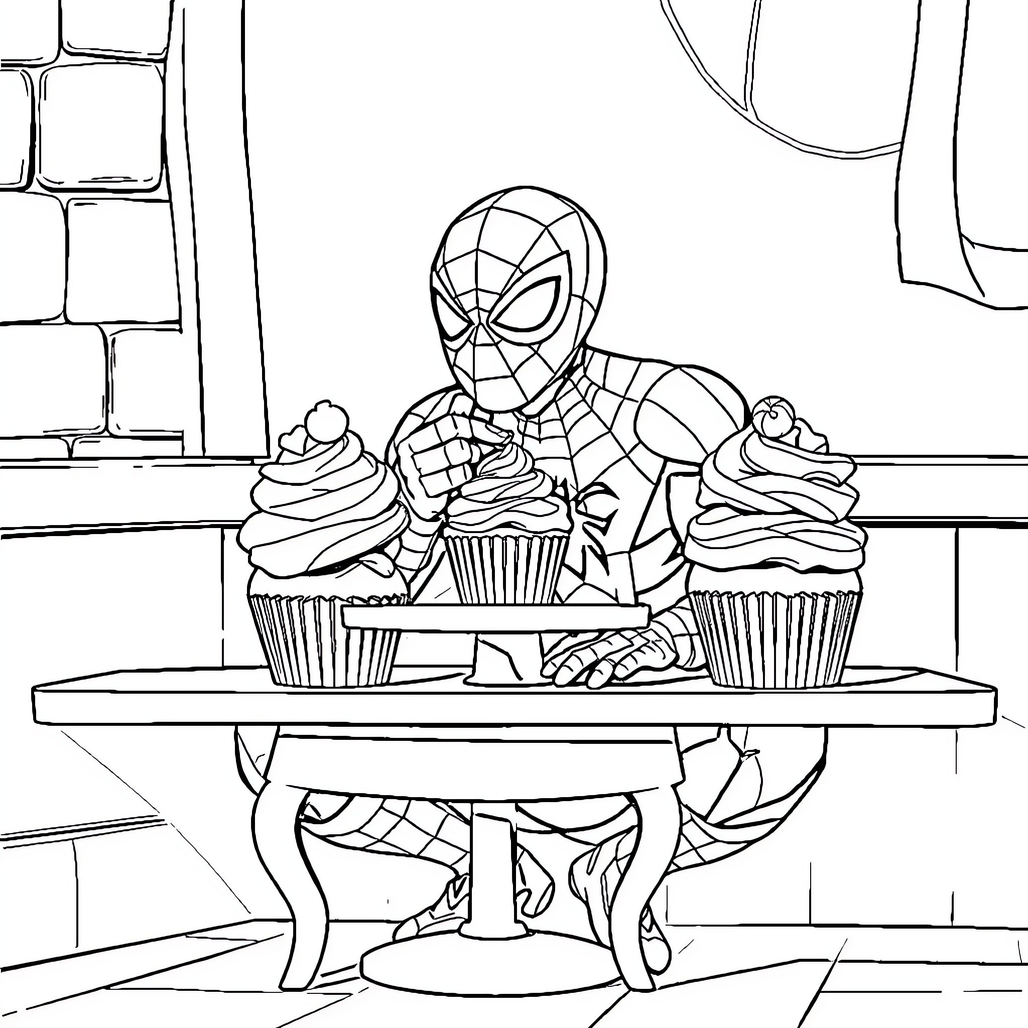 Spiderman enjoying cupcakes in a cozy setting Coloring Page (free black-and-white line drawing printable PDF for all, from beginners to advanced learners, including children, teens, adults, and seniors)