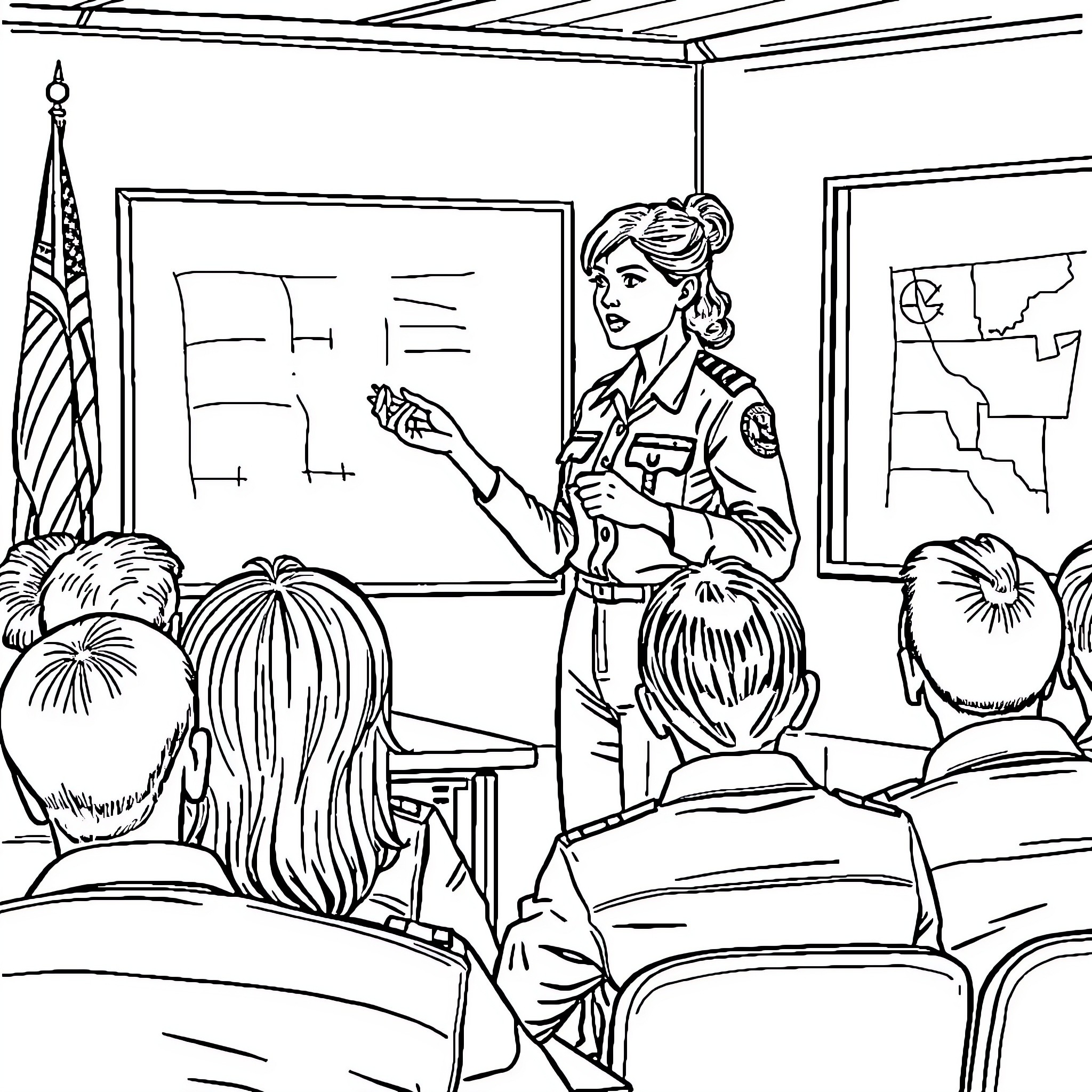 Instructor Presenting to Attentive Classroom Coloring Page (free black-and-white line drawing printable PDF for all, from beginners to advanced learners, including children, teens, adults, and seniors)