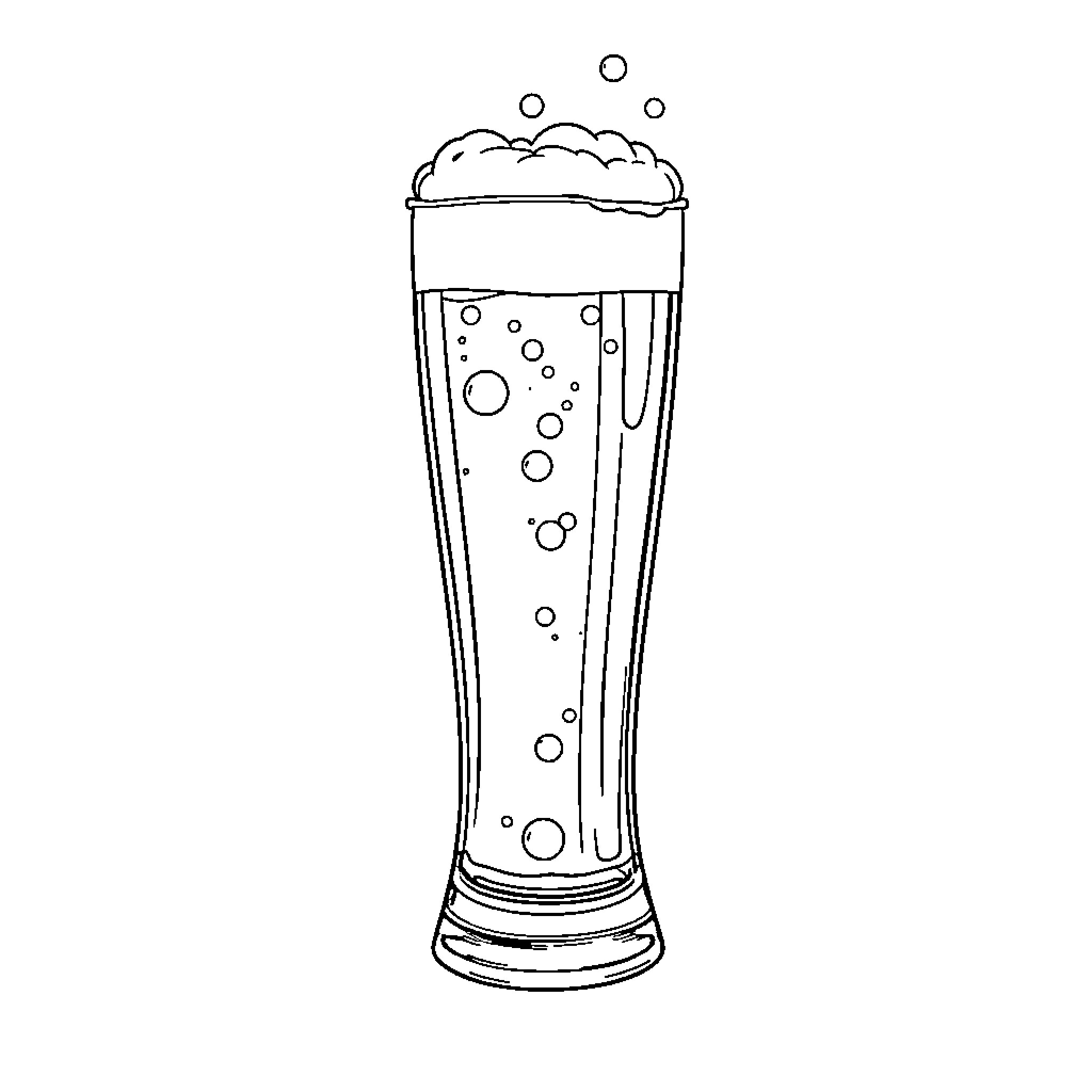Beer Filled Tall Glass with Foam Coloring Page (free black-and-white line drawing printable PDF for all, from beginners to advanced learners, including children, teens, adults, and seniors)