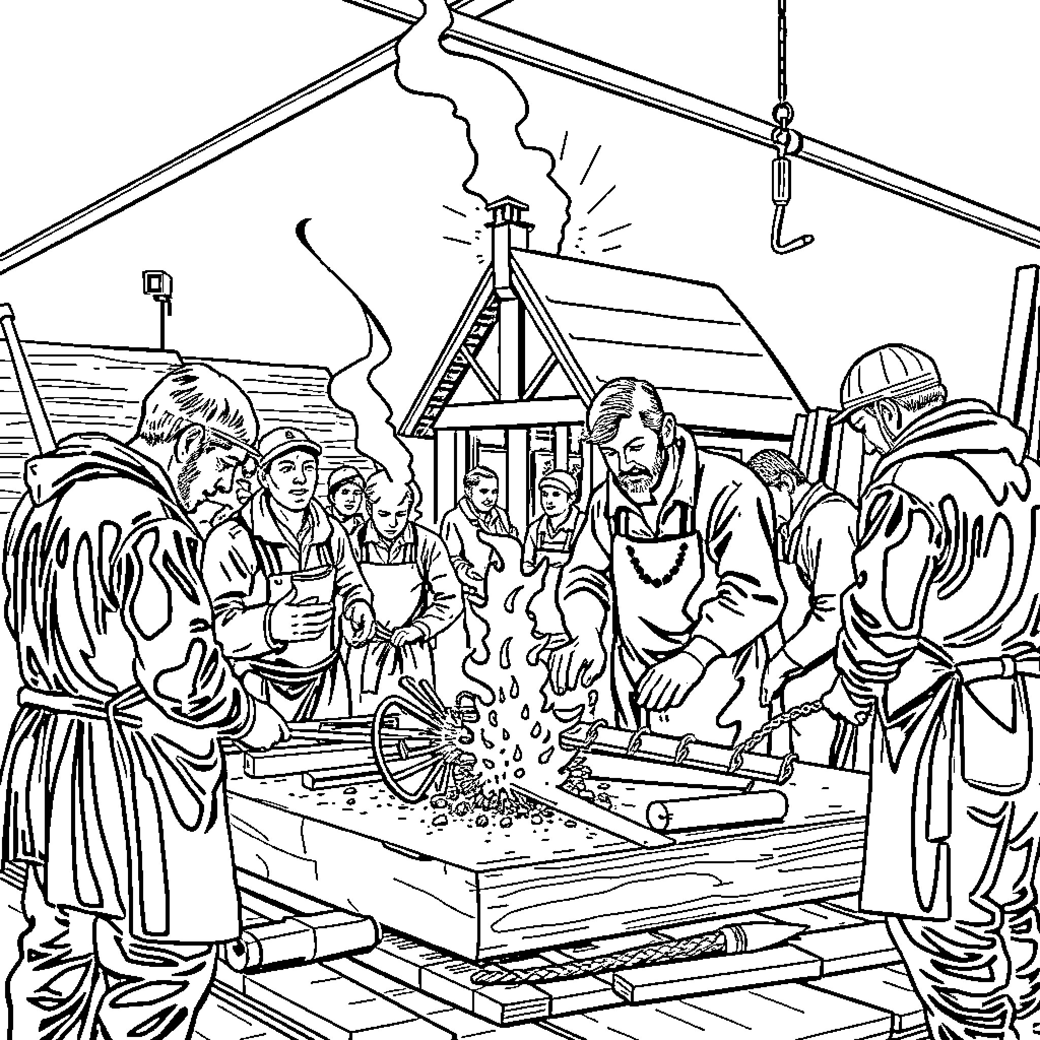 Kraft Construction Workers Teamwork on Site Coloring Page (free black-and-white line drawing printable PDF for all, from beginners to advanced learners, including children, teens, adults, and seniors)