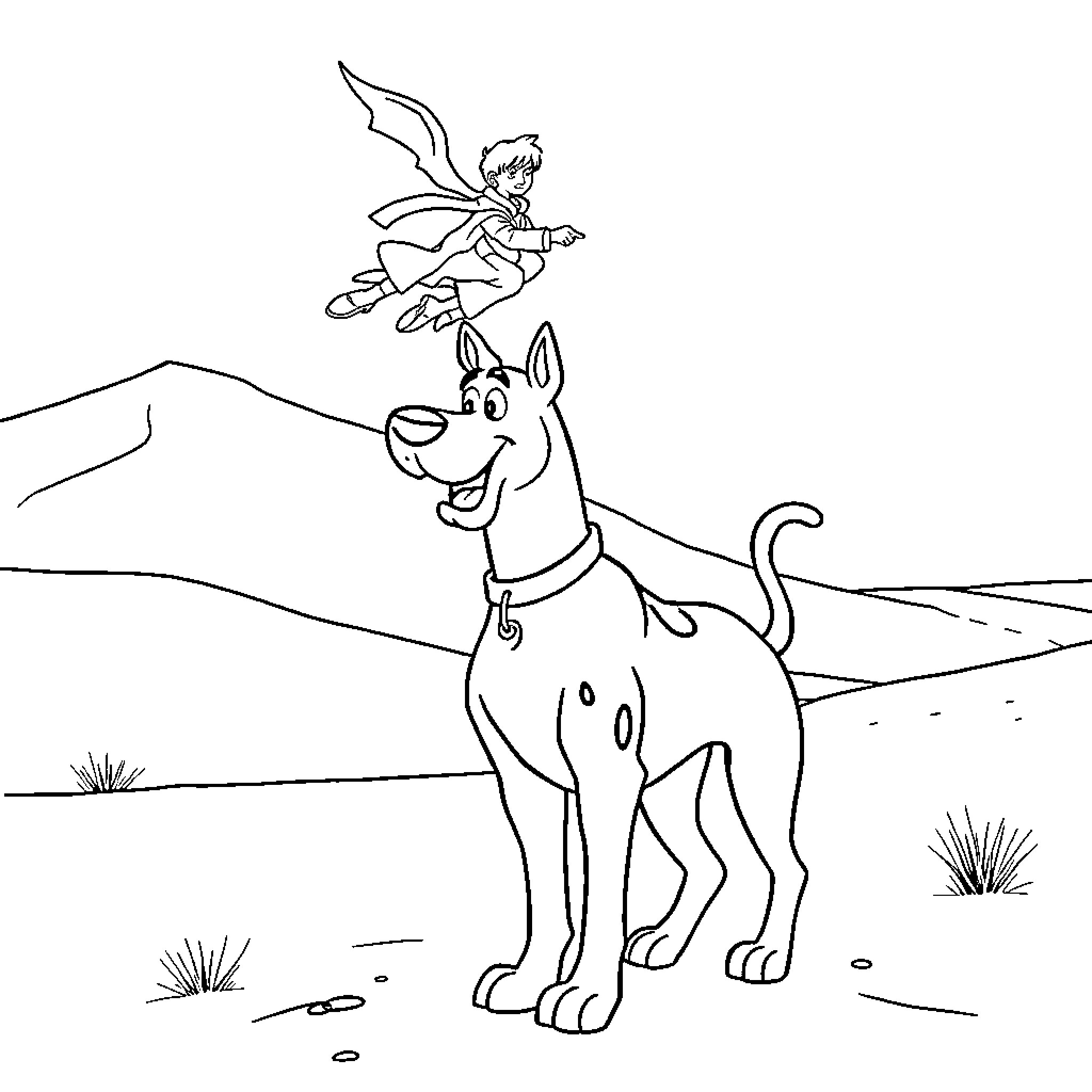 Scooby-Doo and Fairy Friend Exploring the Outdoors Coloring Page (free black-and-white line drawing printable PDF for all, from beginners to advanced learners, including children, teens, adults, and seniors)