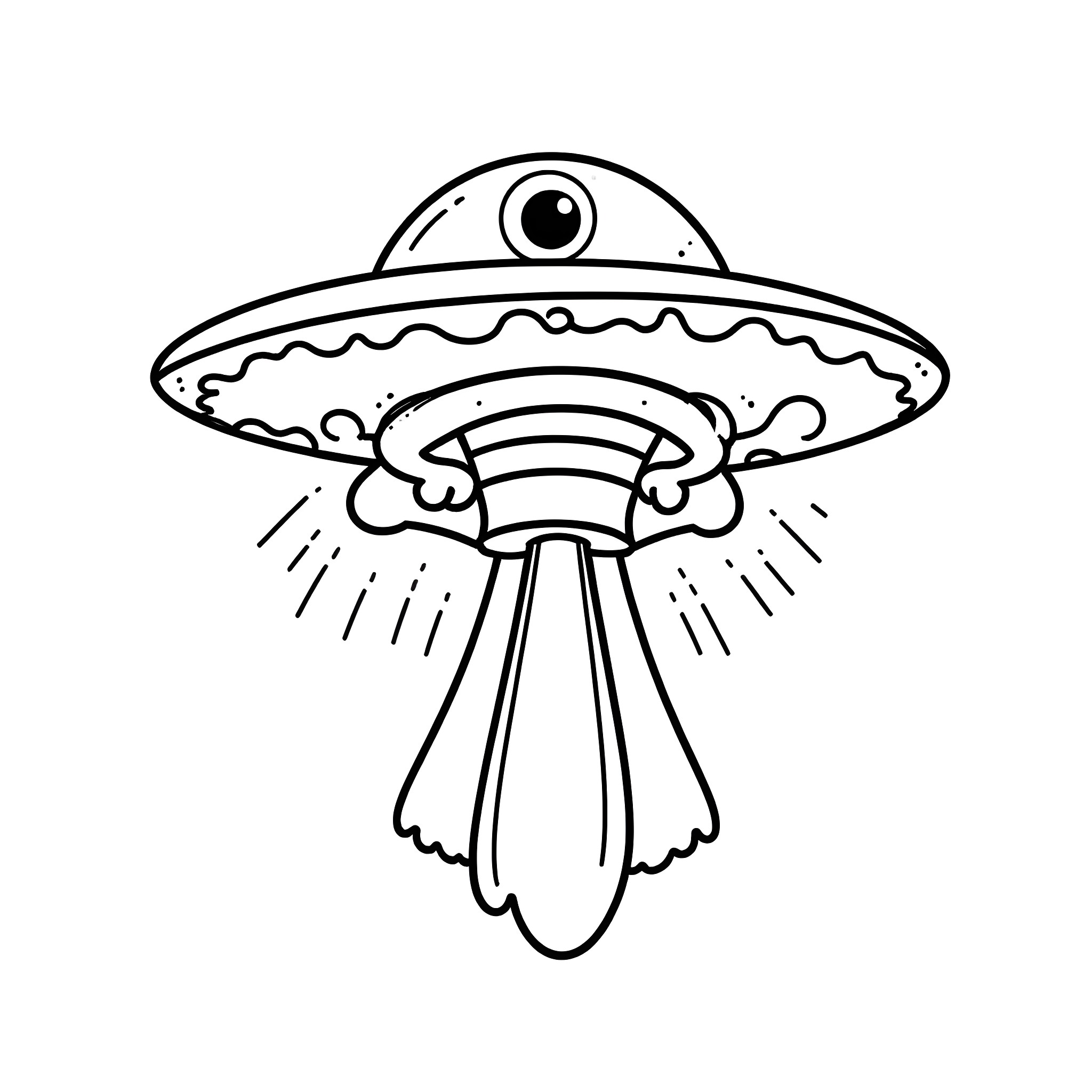 UFO with Quirky Alien Spacecraft Design Coloring Page (free black-and-white line drawing printable PDF for all, from beginners to advanced learners, including children, teens, adults, and seniors)