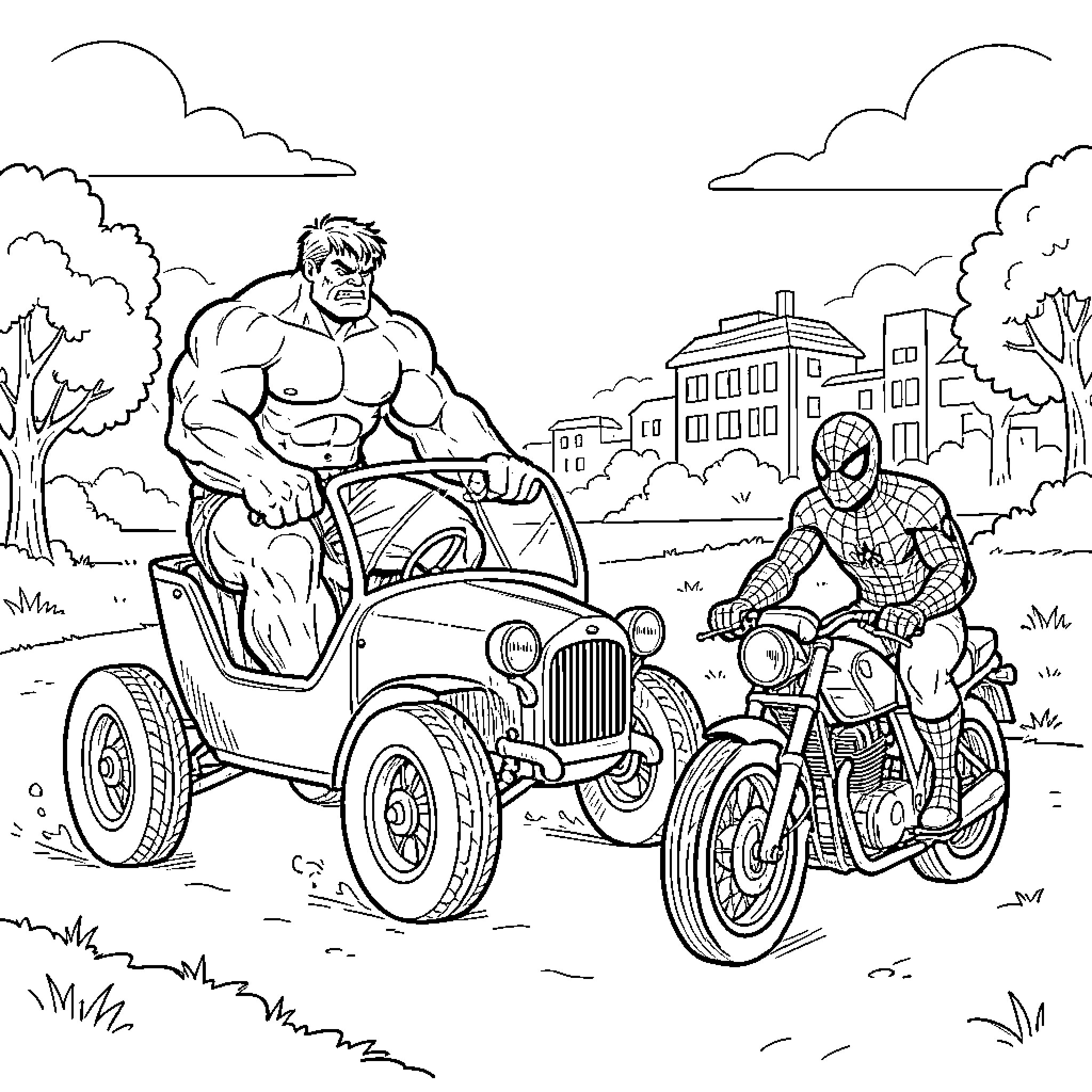 Hulk and Spider-Man racing vehicles through a park Coloring Page (free black-and-white line drawing printable PDF for all, from beginners to advanced learners, including children, teens, adults, and seniors)