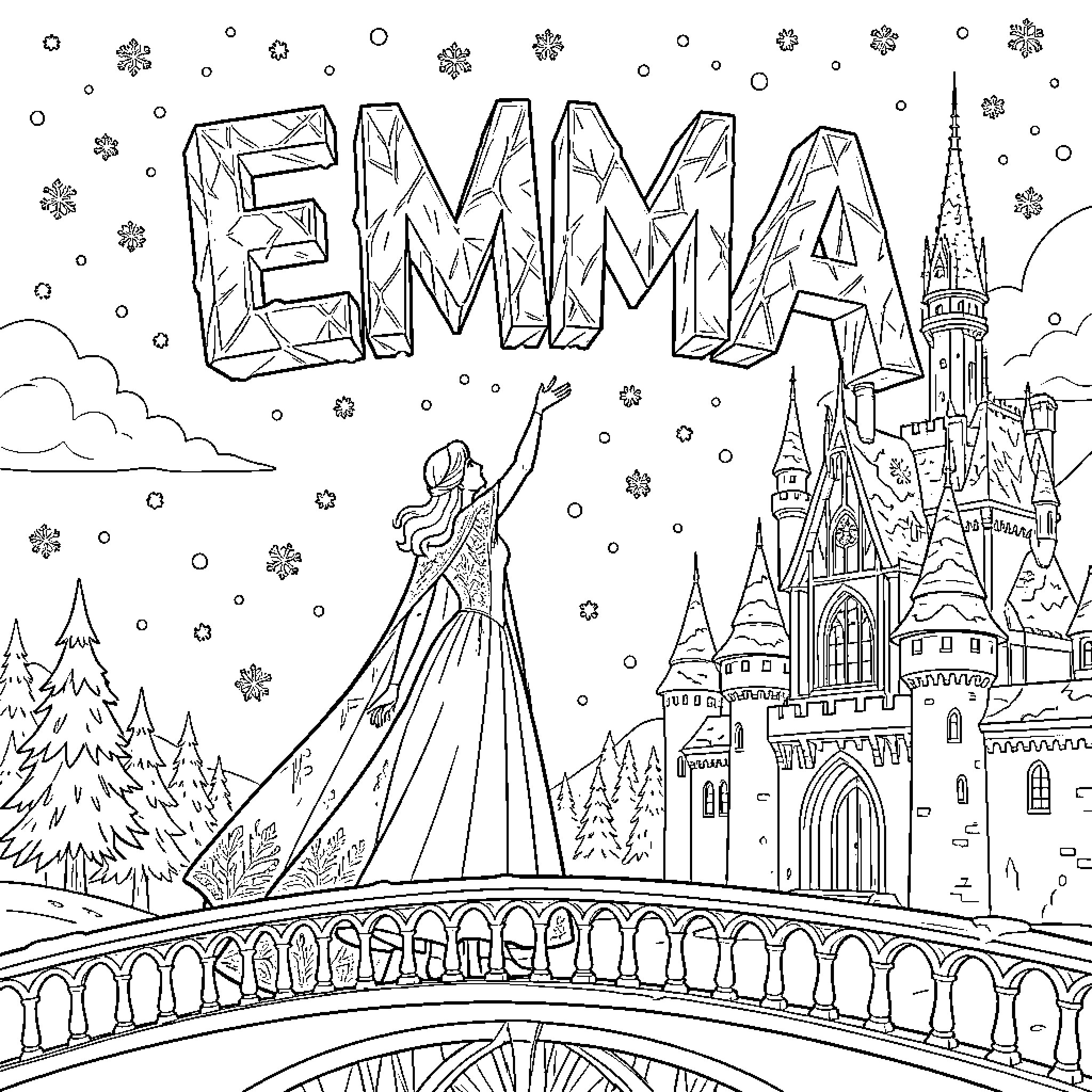 Reine Emma standing on a bridge near a castle Coloring Page (free black-and-white line drawing printable PDF for all, from beginners to advanced learners, including children, teens, adults, and seniors)