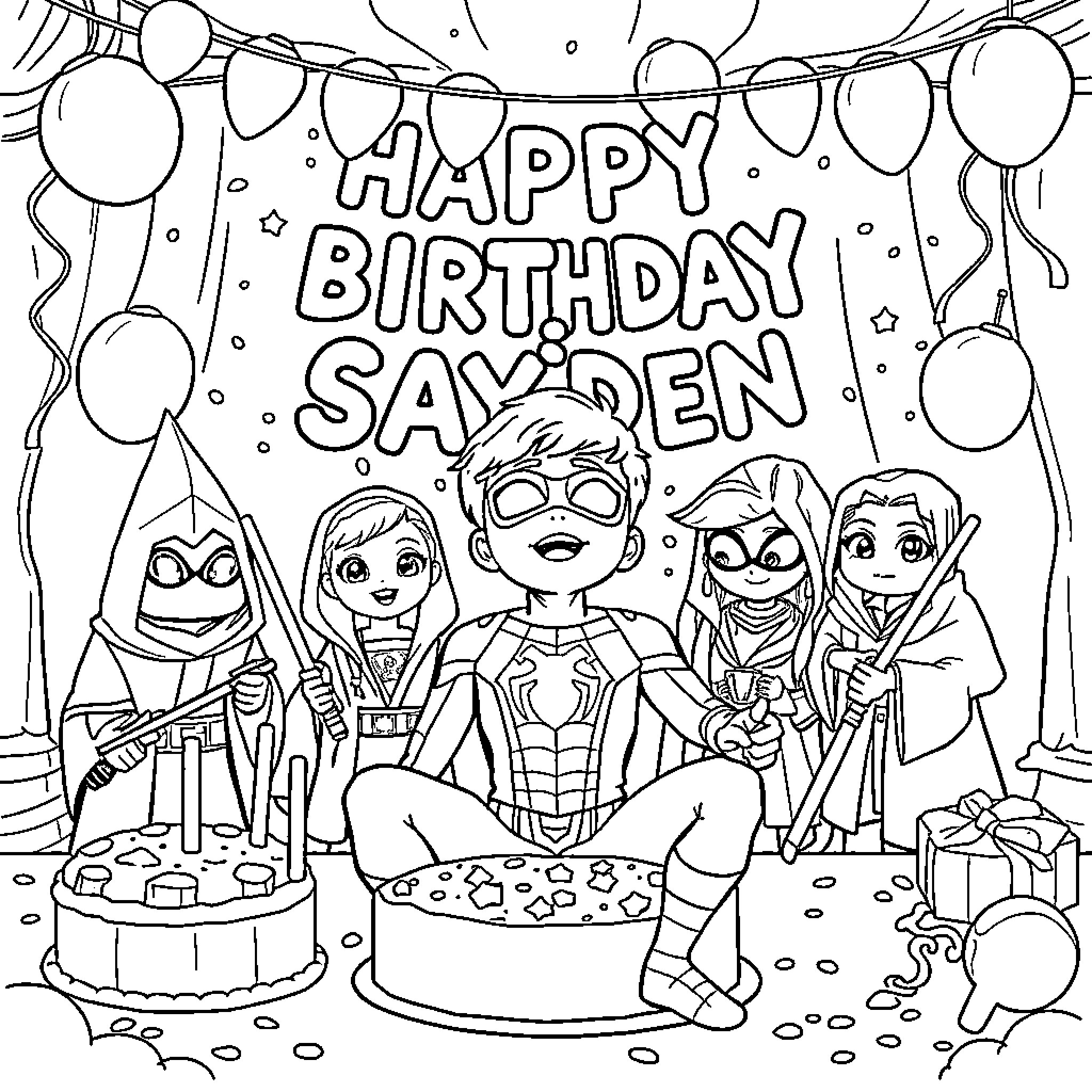 Jedi heroes celebrate birthday party with cake and balloons Coloring Page (free black-and-white line drawing printable PDF for all, from beginners to advanced learners, including children, teens, adults, and seniors)
