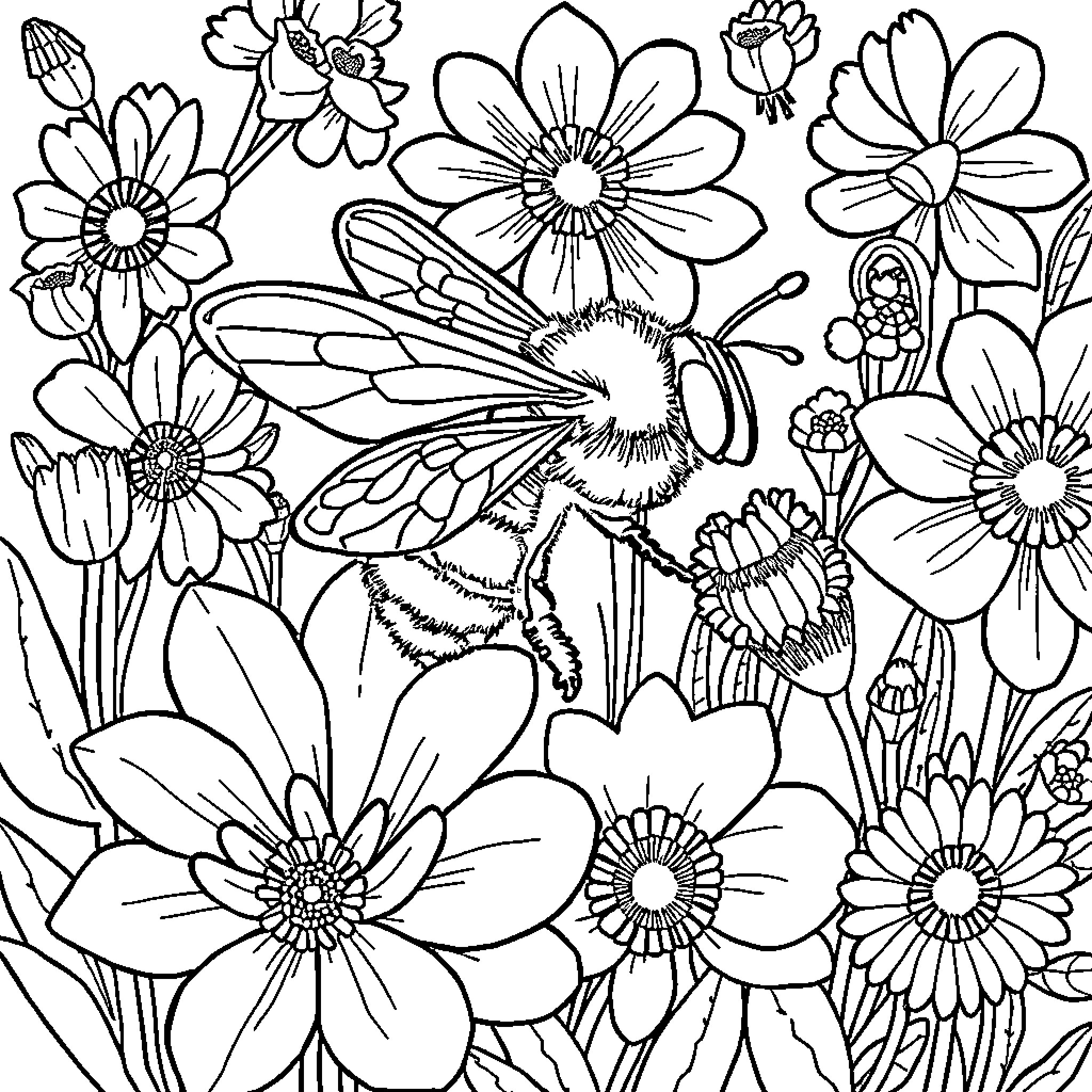 Bee among the vibrant floral display Coloring Page (free black-and-white line drawing printable PDF for all, from beginners to advanced learners, including children, teens, adults, and seniors)