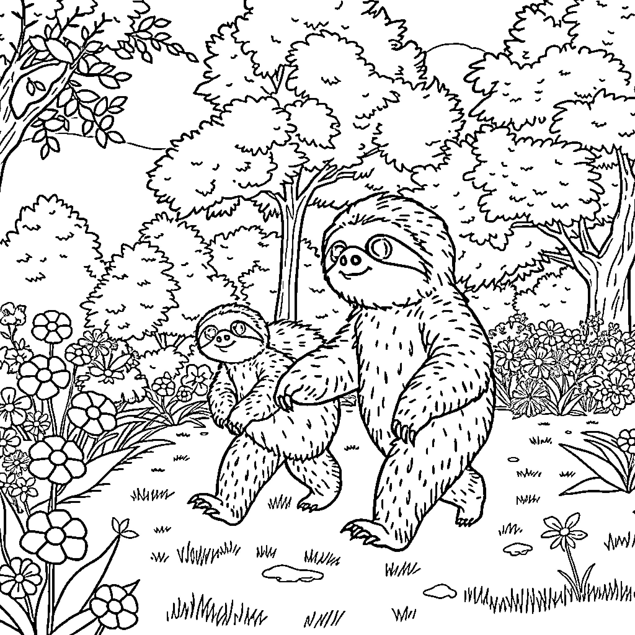 Sloth Relaxing in Lush Forest Coloring Page (free black-and-white line drawing printable PDF for all, from beginners to advanced learners, including children, teens, adults, and seniors)