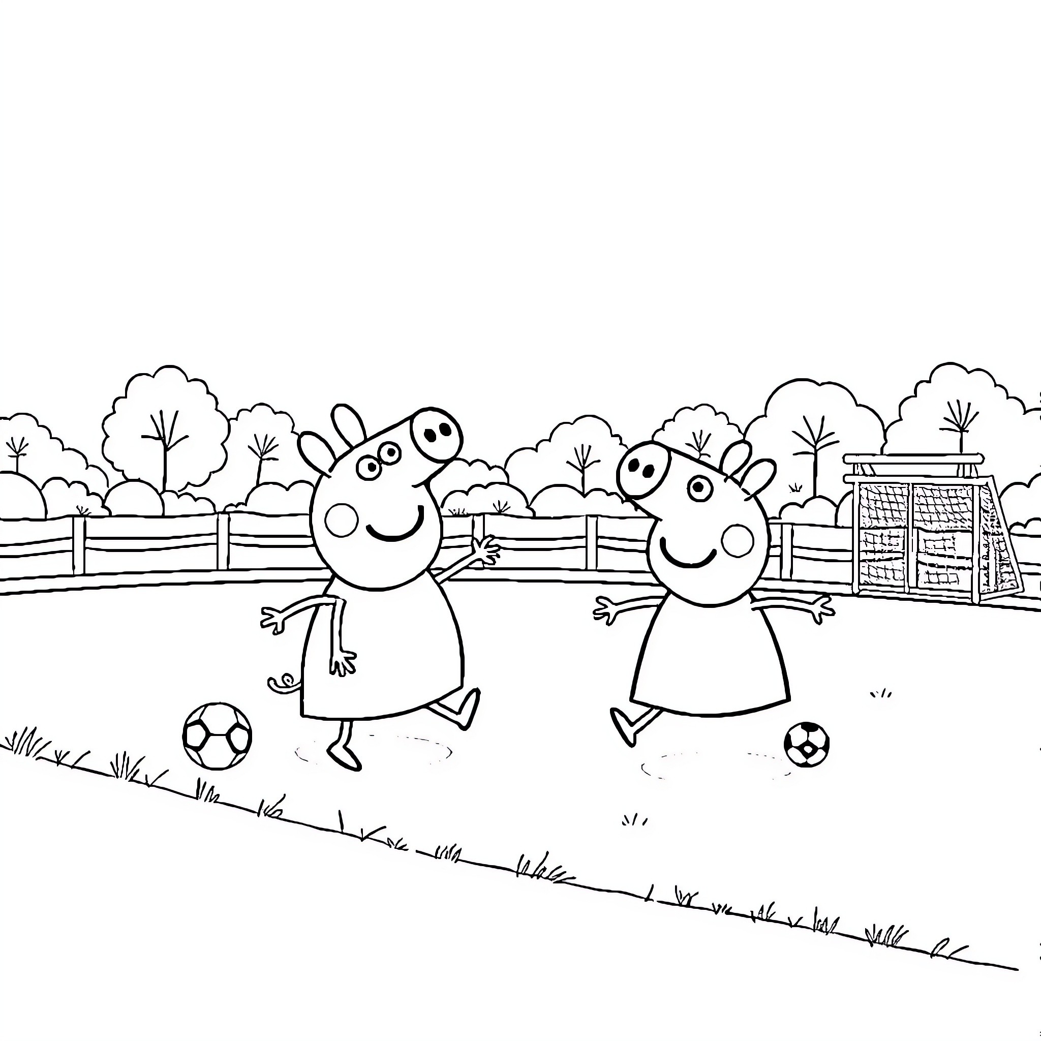 Peppa Pig and friends playing soccer on the field Coloring Page (free black-and-white line drawing printable PDF for all, from beginners to advanced learners, including children, teens, adults, and seniors)