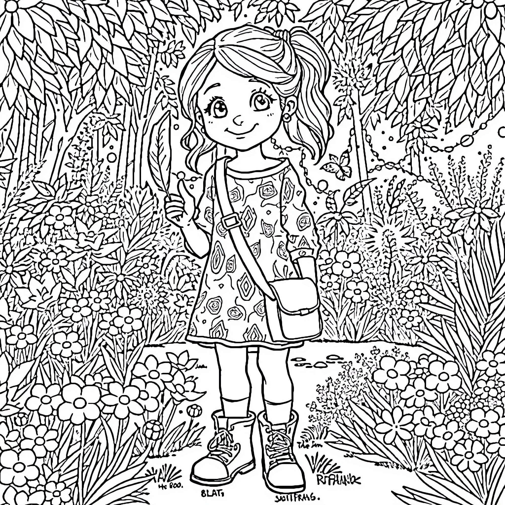 Girl exploring the enchanting garden Coloring Page (free black-and-white line drawing printable PDF for all, from beginners to advanced learners, including children, teens, adults, and seniors)