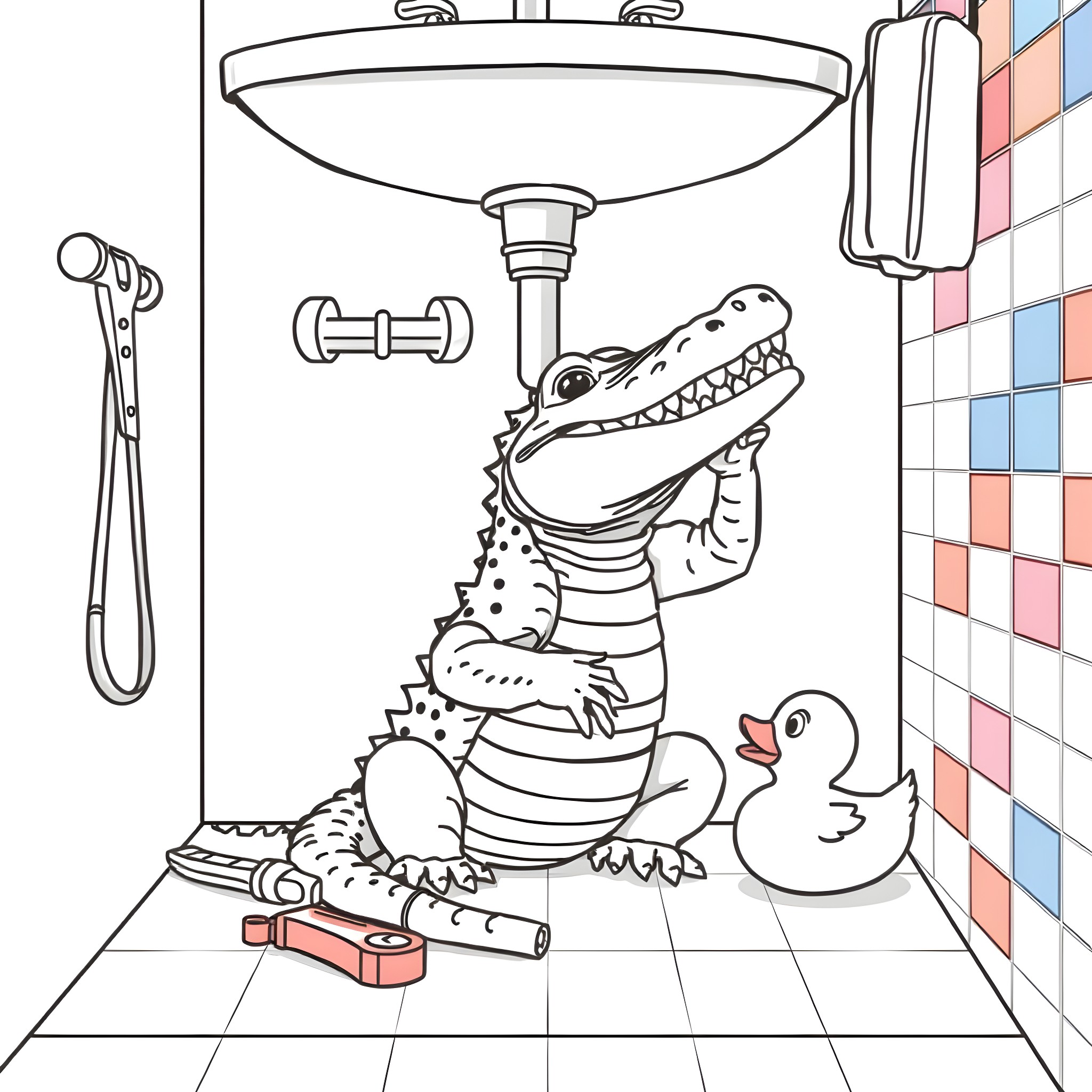 Alligator playing in the bathroom Coloring Page (free black-and-white line drawing printable PDF for all, from beginners to advanced learners, including children, teens, adults, and seniors)
