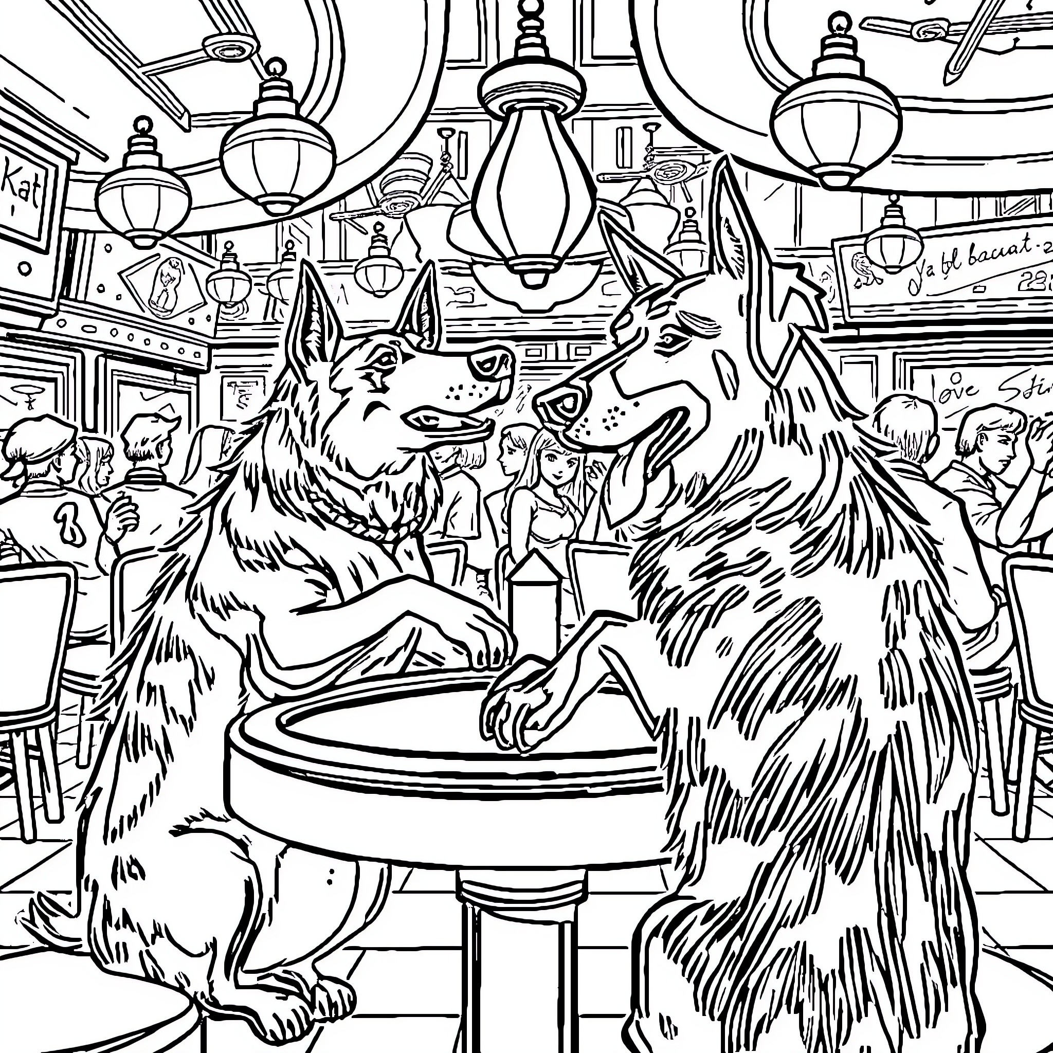 Dogs Enjoying Music at a Lively Cafe Coloring Page (free black-and-white line drawing printable PDF for all, from beginners to advanced learners, including children, teens, adults, and seniors)