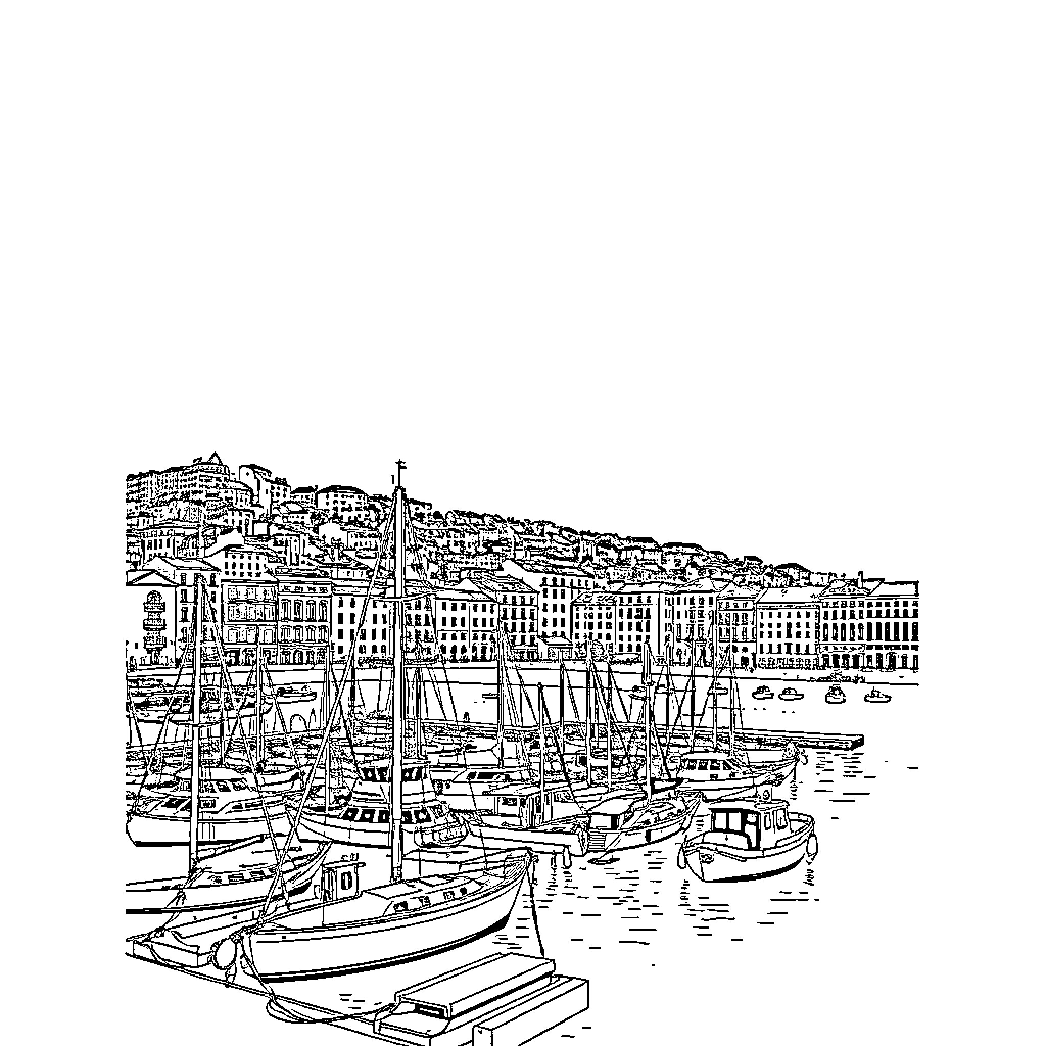 Marseille: Bustling Harbor with Docked Boats and Cityscape Coloring Page (free black-and-white line drawing printable PDF for all, from beginners to advanced learners, including children, teens, adults, and seniors)
