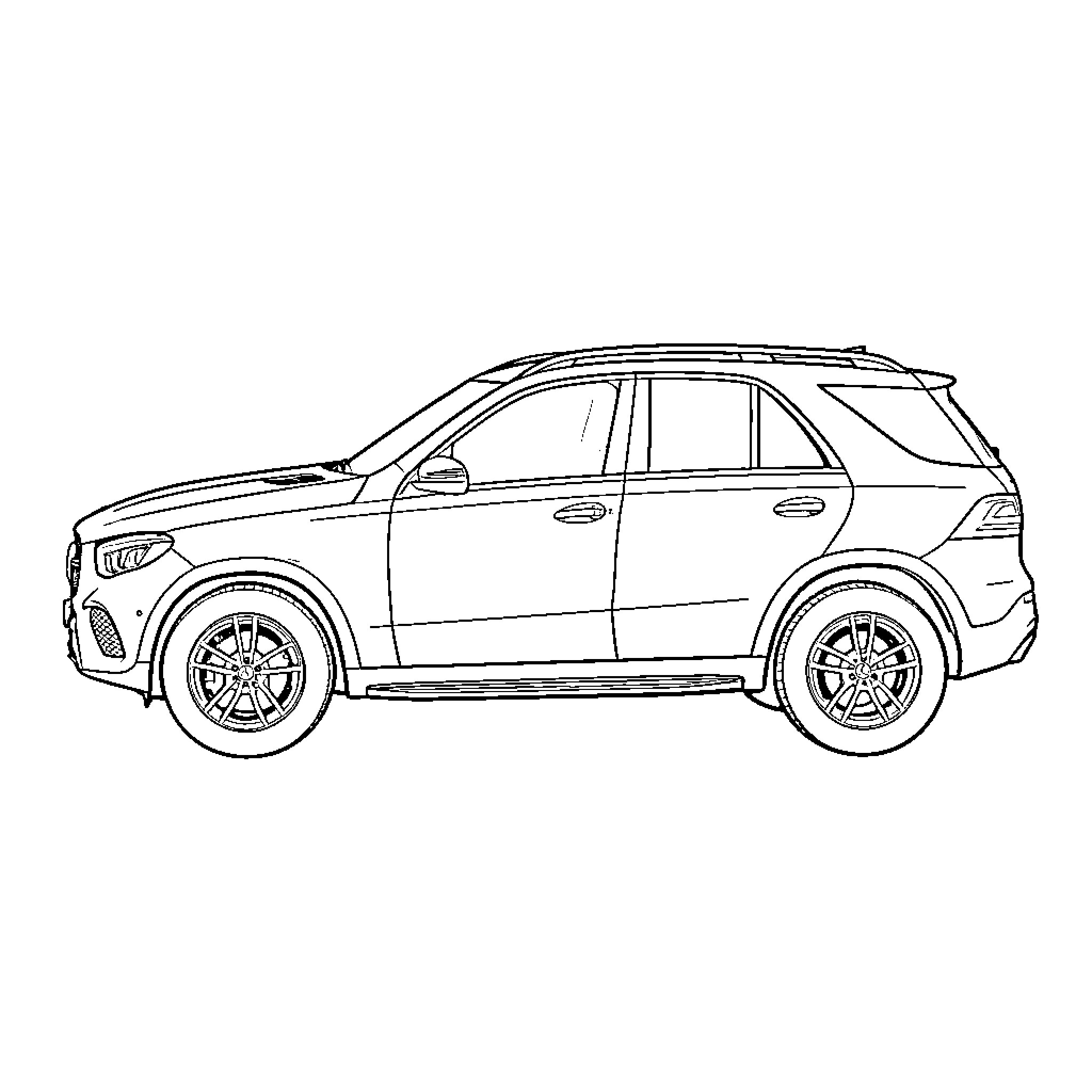 Mercedes Benz GLE parked in a side profile view Coloring Page (free black-and-white line drawing printable PDF for all, from beginners to advanced learners, including children, teens, adults, and seniors)