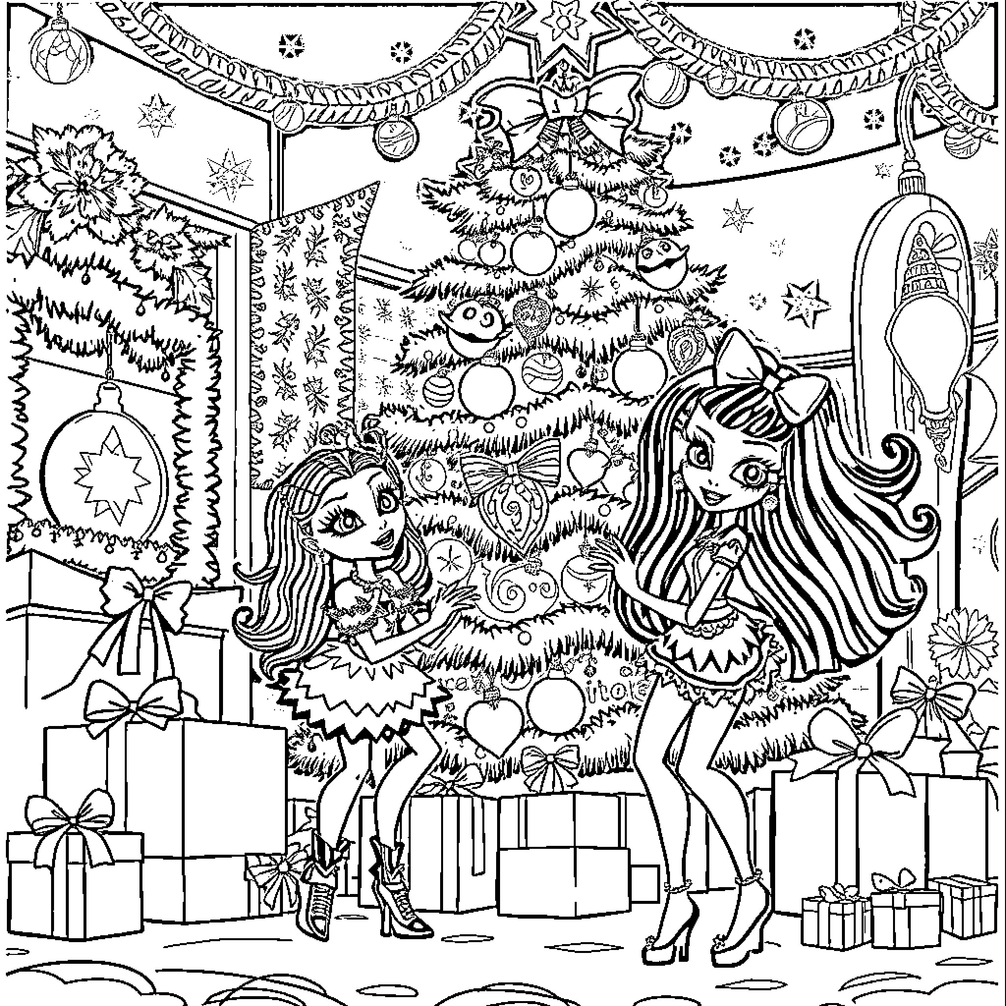 Monster High Holiday Celebration with Cheerful Monsters Coloring Page (free black-and-white line drawing printable PDF for all, from beginners to advanced learners, including children, teens, adults, and seniors)