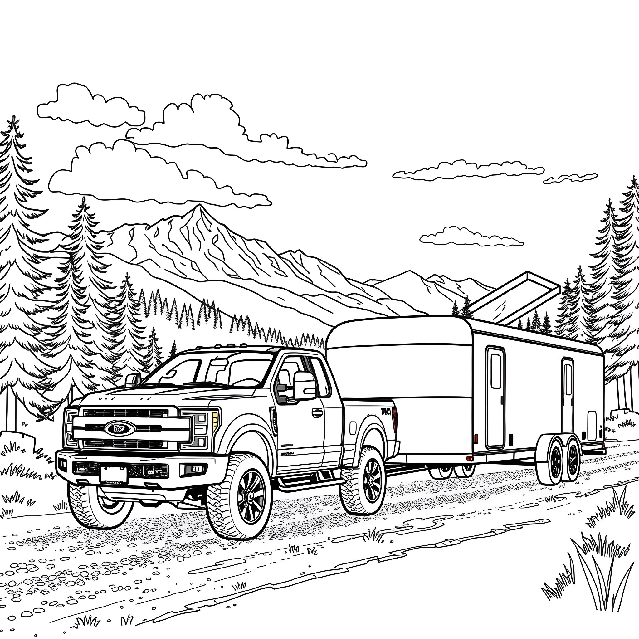 Pickup truck towing camper trailer in mountain scenery Coloring Page (free black-and-white line drawing printable PDF for all, from beginners to advanced learners, including children, teens, adults, and seniors)