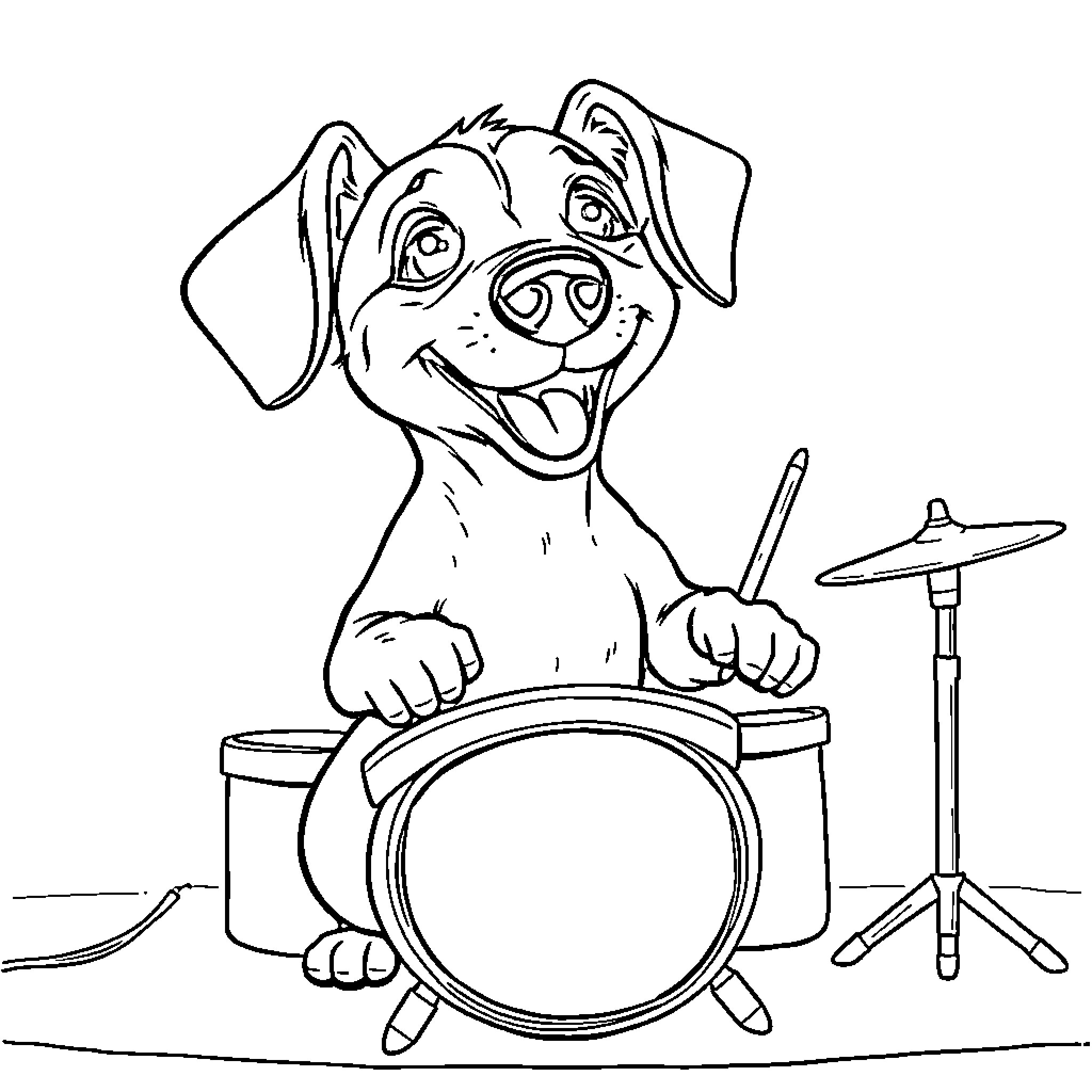Wiener Dog Plays the Drums with Excitement Coloring Page (free black-and-white line drawing printable PDF for all, from beginners to advanced learners, including children, teens, adults, and seniors)
