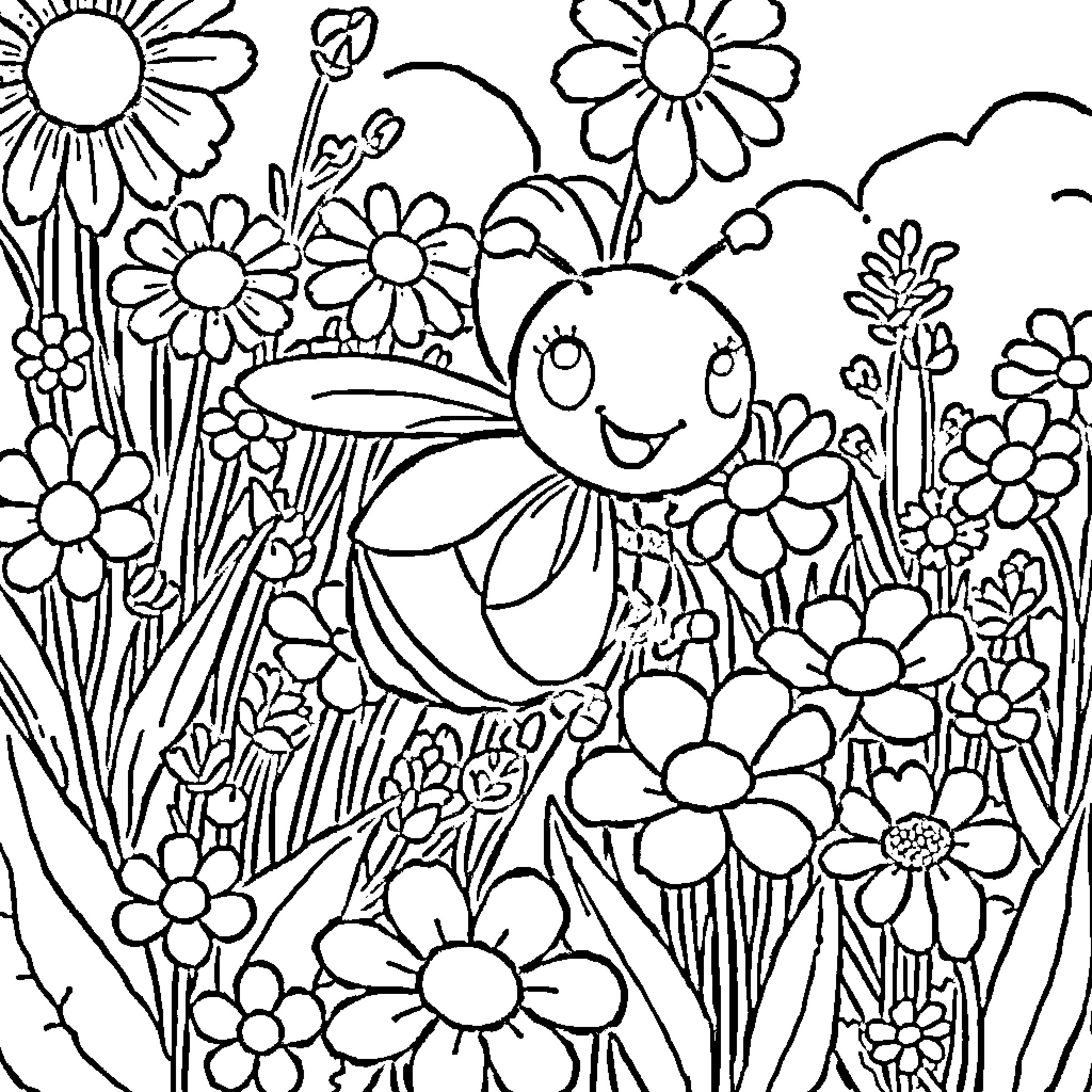 Abejita's Cheerful Floral Adventure Coloring Page (free black-and-white line drawing printable PDF for all, from beginners to advanced learners, including children, teens, adults, and seniors)