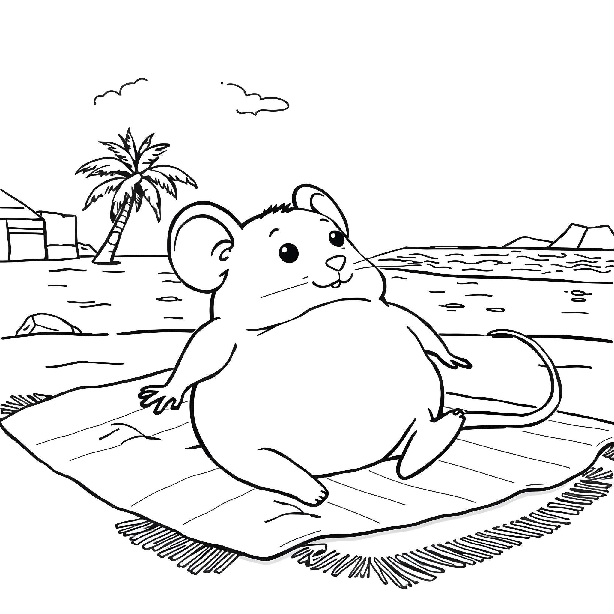 Mouse relaxing on the beach under palm trees Coloring Page (free black-and-white line drawing printable PDF for all, from beginners to advanced learners, including children, teens, adults, and seniors)