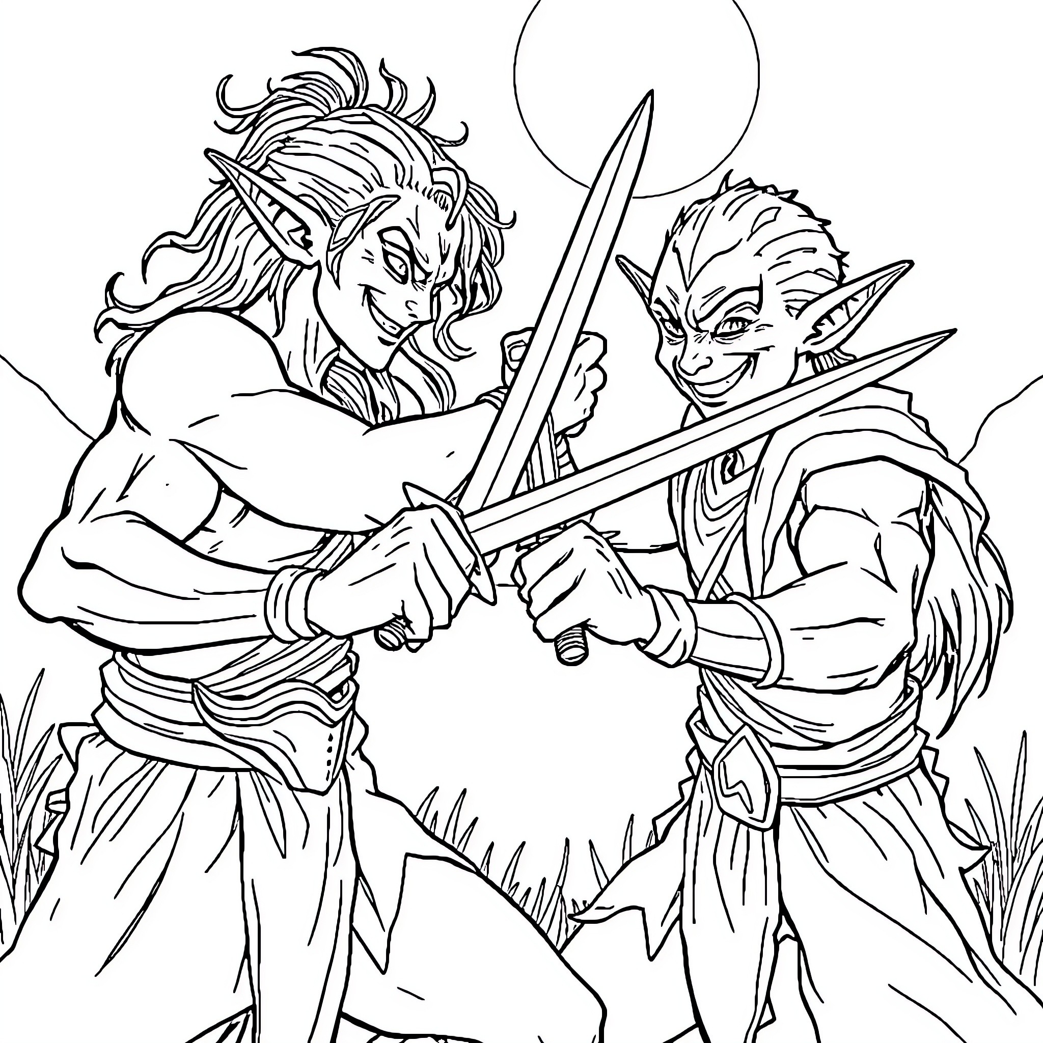 Fae warriors clashing swords in epic battle Coloring Page (free black-and-white line drawing printable PDF for all, from beginners to advanced learners, including children, teens, adults, and seniors)