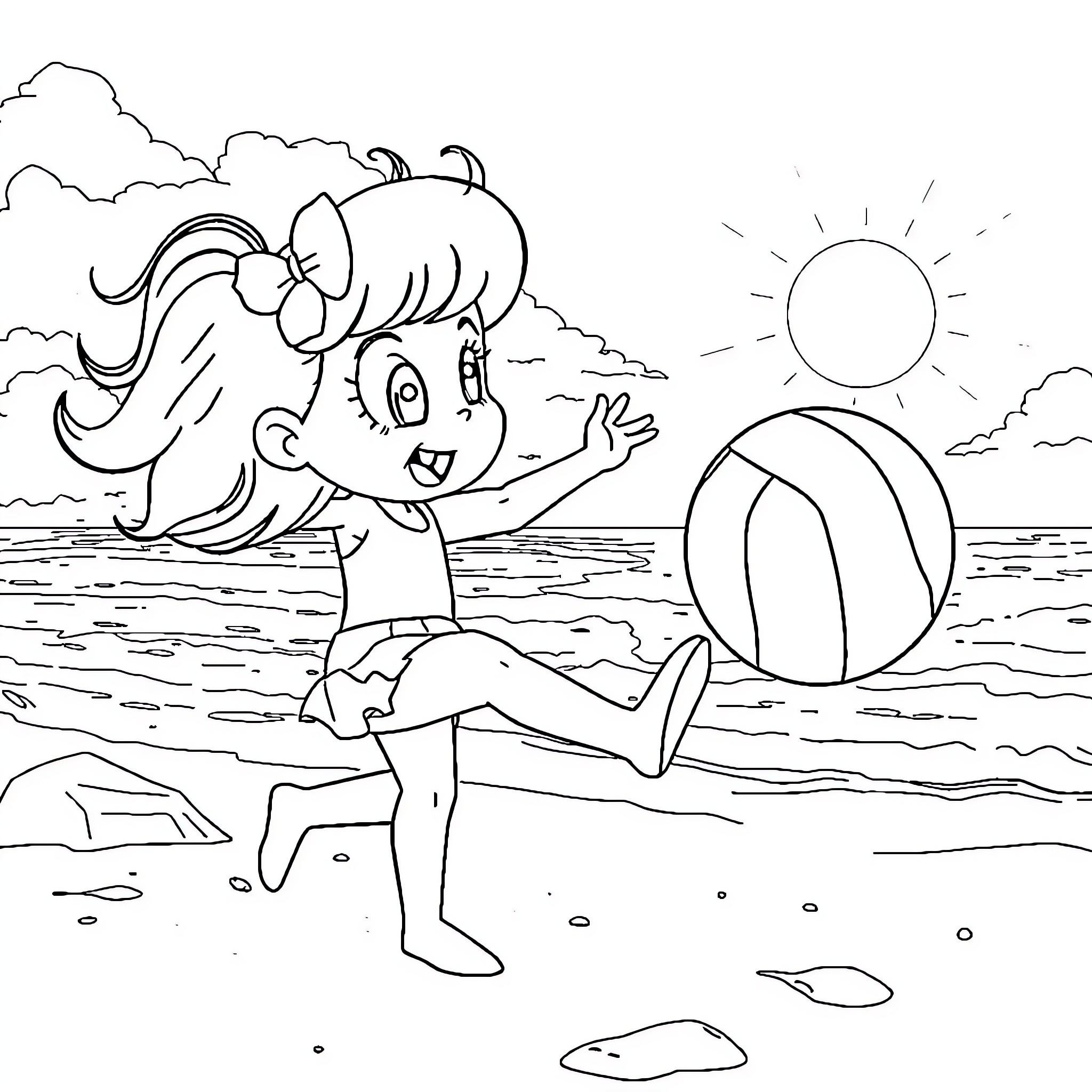 Bulma enjoying a sunny day at the beach Coloring Page (free black-and-white line drawing printable PDF for all, from beginners to advanced learners, including children, teens, adults, and seniors)