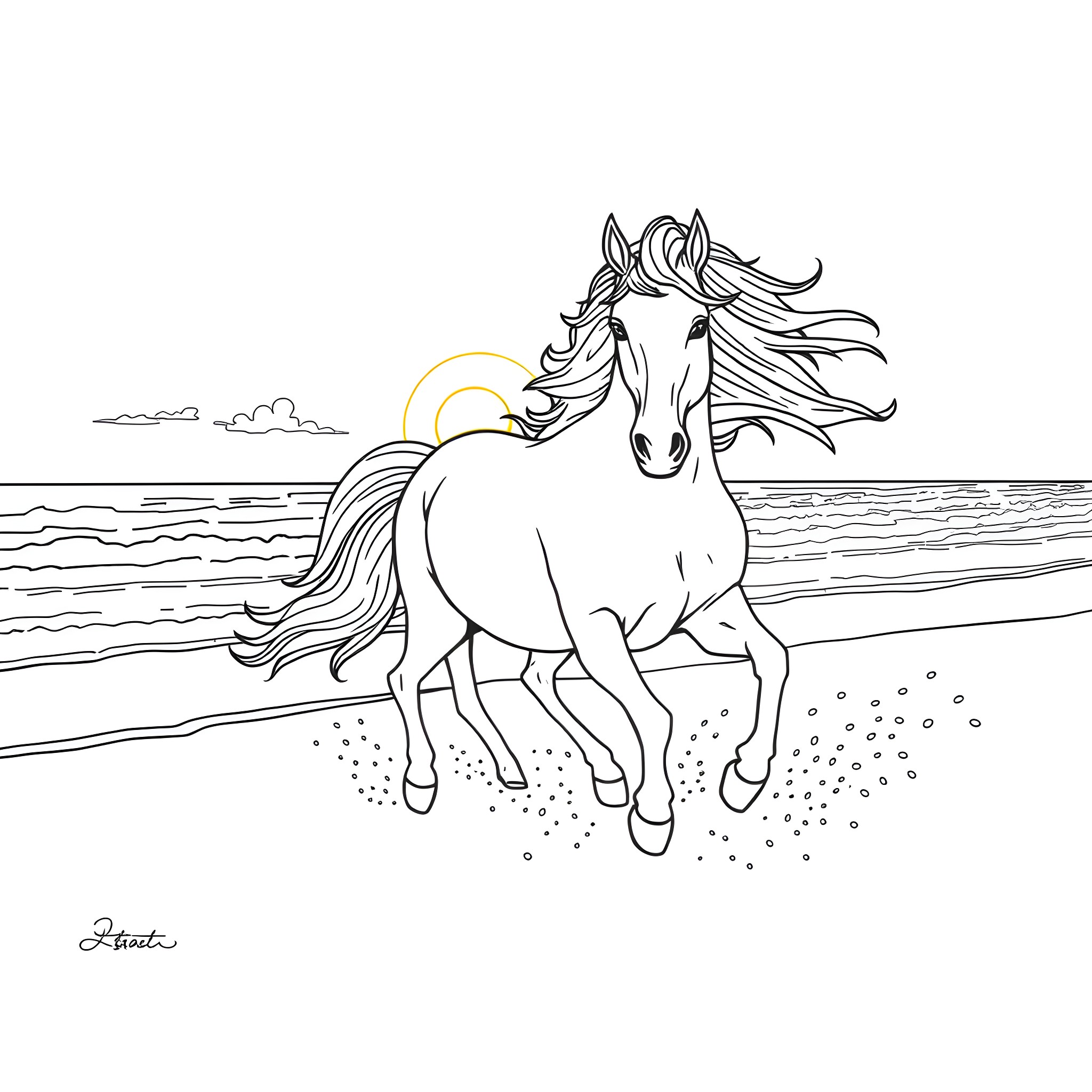 Unicorn galloping along the shore Coloring Page (free black-and-white line drawing printable PDF for all, from beginners to advanced learners, including children, teens, adults, and seniors)