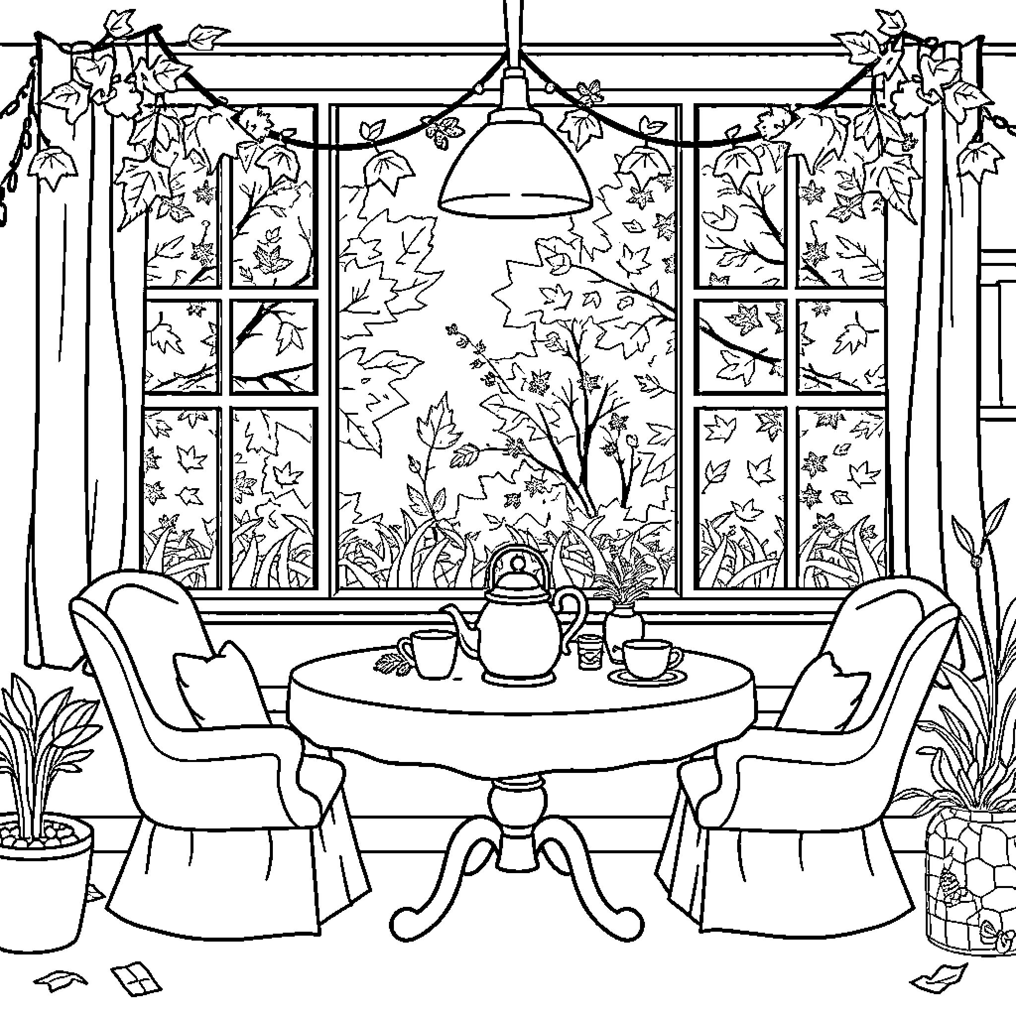Tea Party in a Cozy Autumn Retreat Coloring Page (free black-and-white line drawing printable PDF for all, from beginners to advanced learners, including children, teens, adults, and seniors)