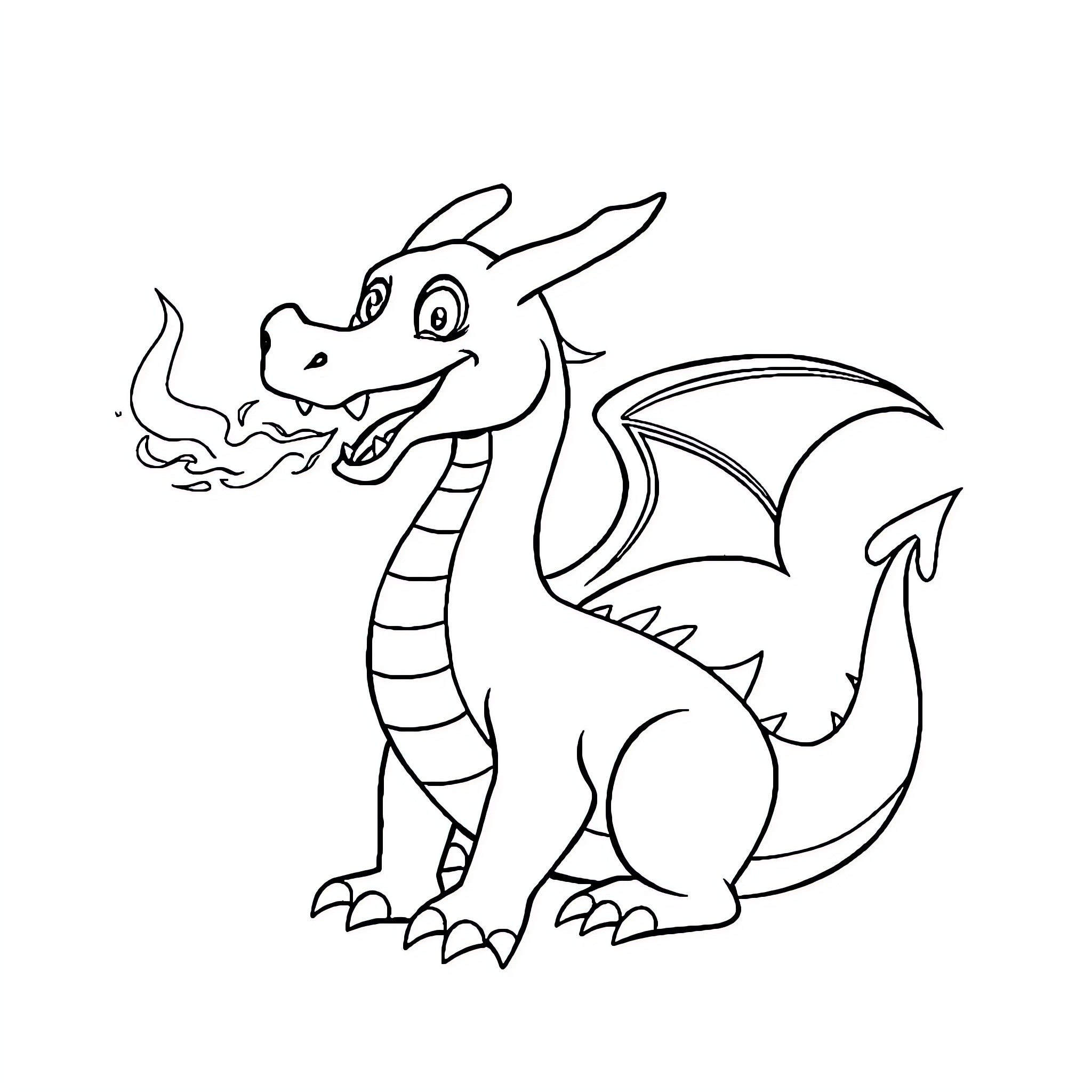 Dragon Breathing Fire Happily Coloring Page (free black-and-white line drawing printable PDF for all, from beginners to advanced learners, including children, teens, adults, and seniors)
