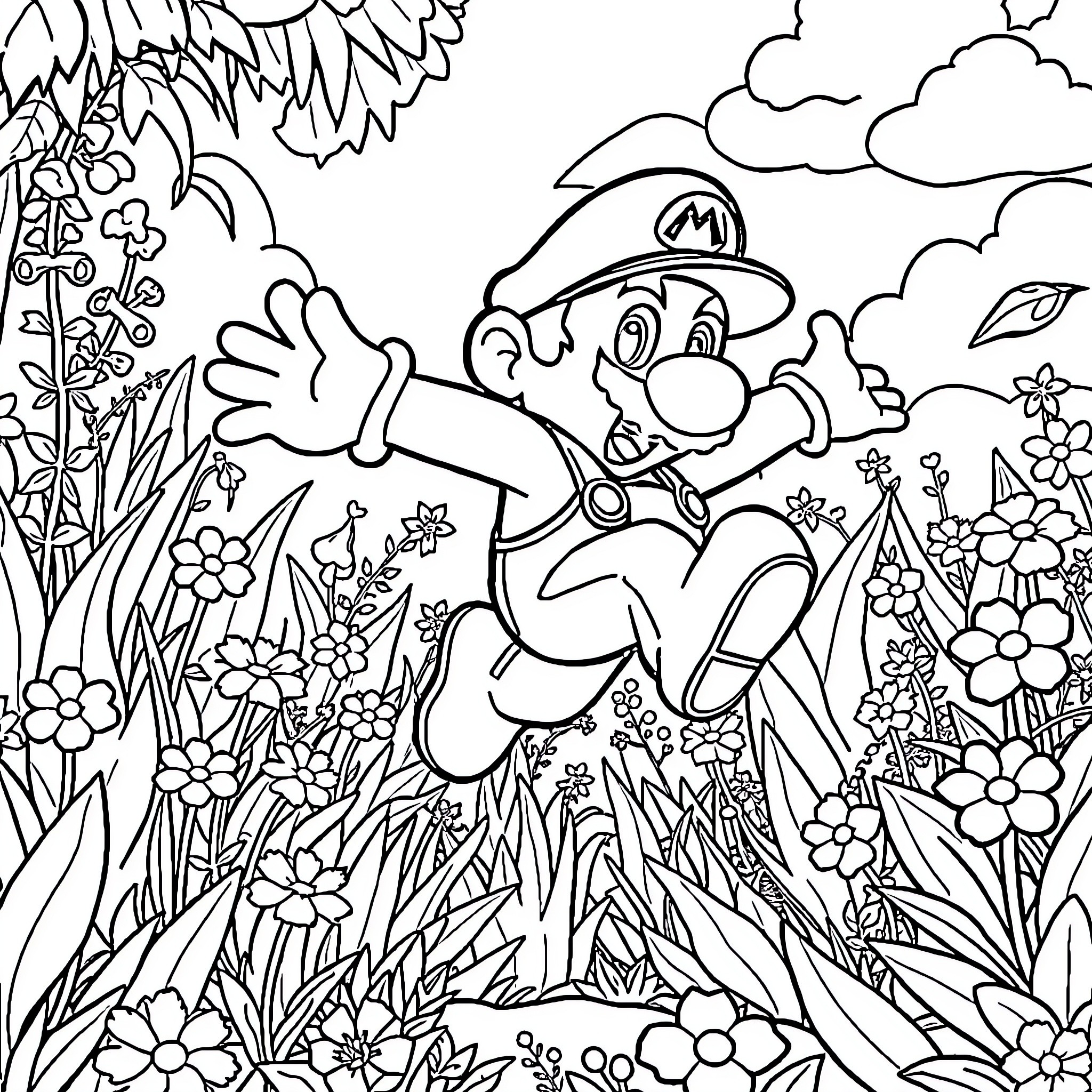 Mario exploring a lush floral garden Coloring Page (free black-and-white line drawing printable PDF for all, from beginners to advanced learners, including children, teens, adults, and seniors)