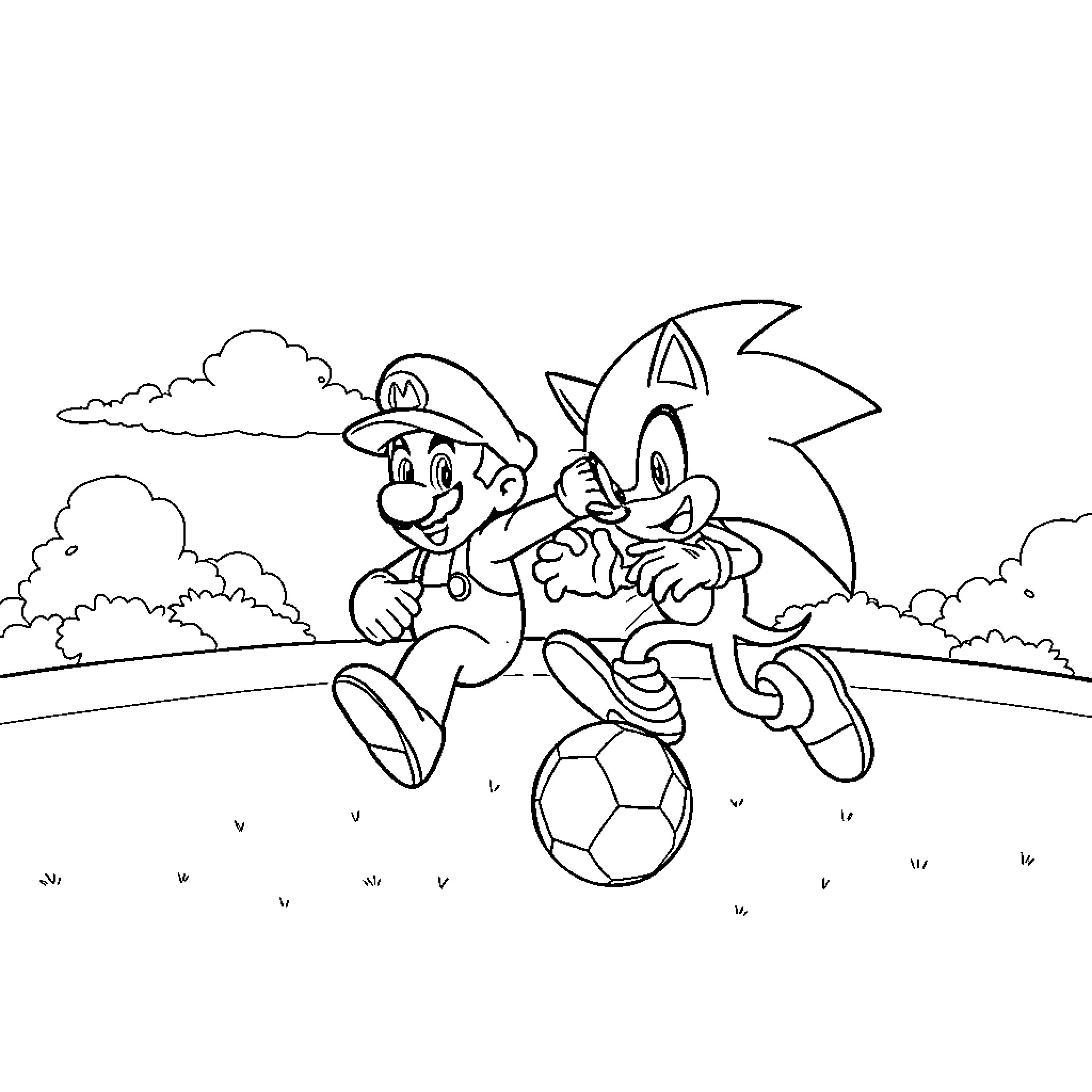 Mario and Sonic playing soccer in the park Coloring Page (free black-and-white line drawing printable PDF for all, from beginners to advanced learners, including children, teens, adults, and seniors)