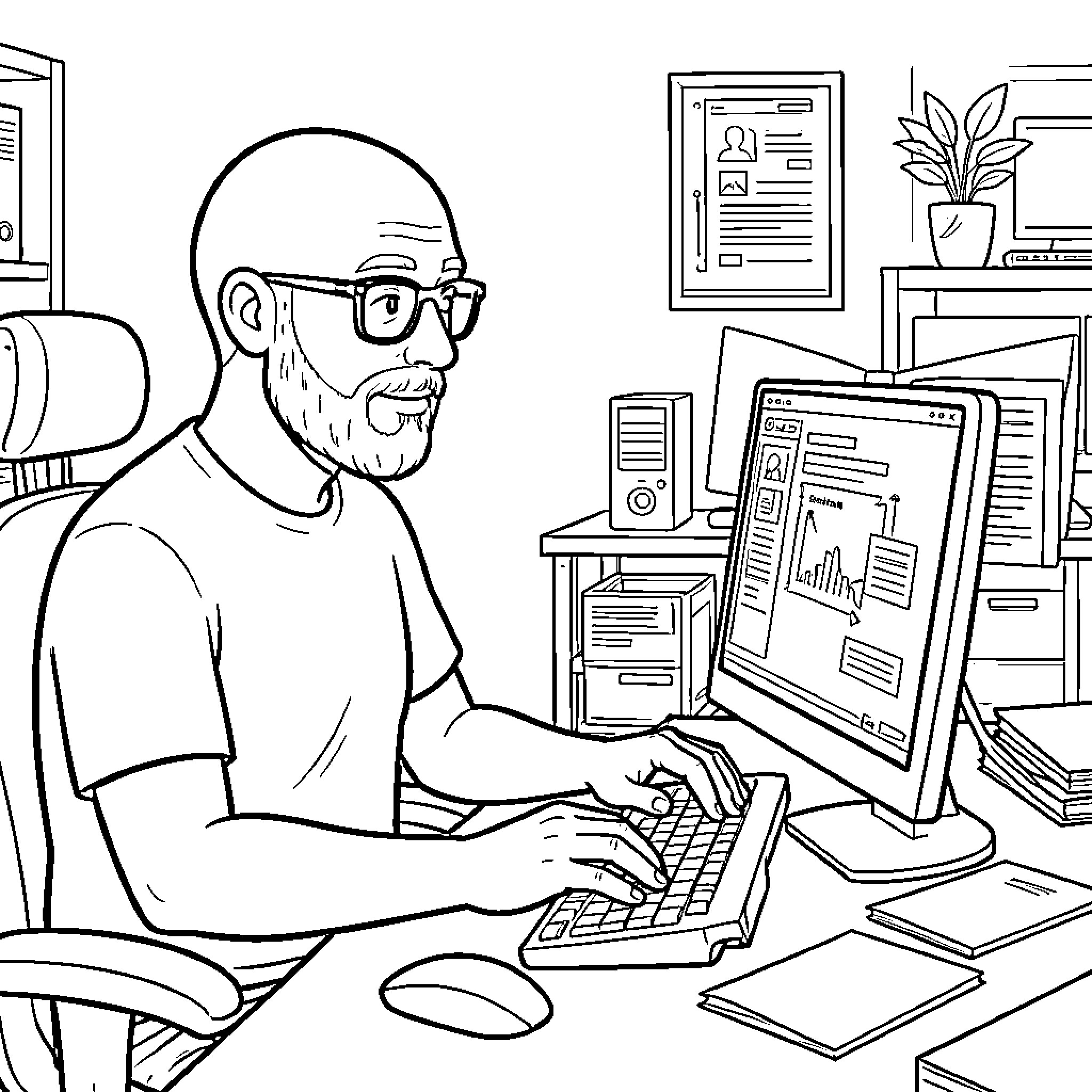 Homme working intently on a computer at a desk Coloring Page (free black-and-white line drawing printable PDF for all, from beginners to advanced learners, including children, teens, adults, and seniors)