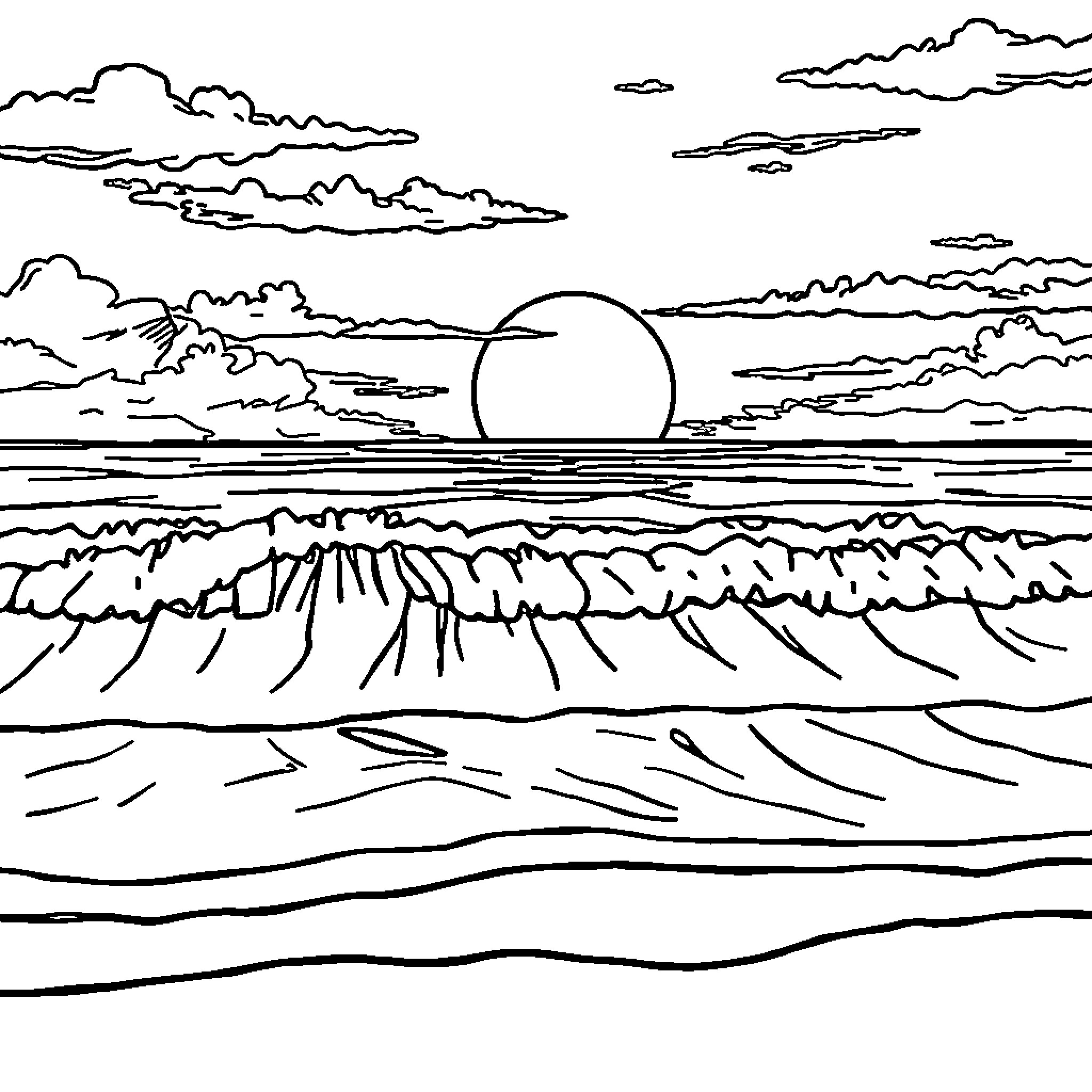 Sunset over serene ocean landscape Coloring Page (free black-and-white line drawing printable PDF for all, from beginners to advanced learners, including children, teens, adults, and seniors)