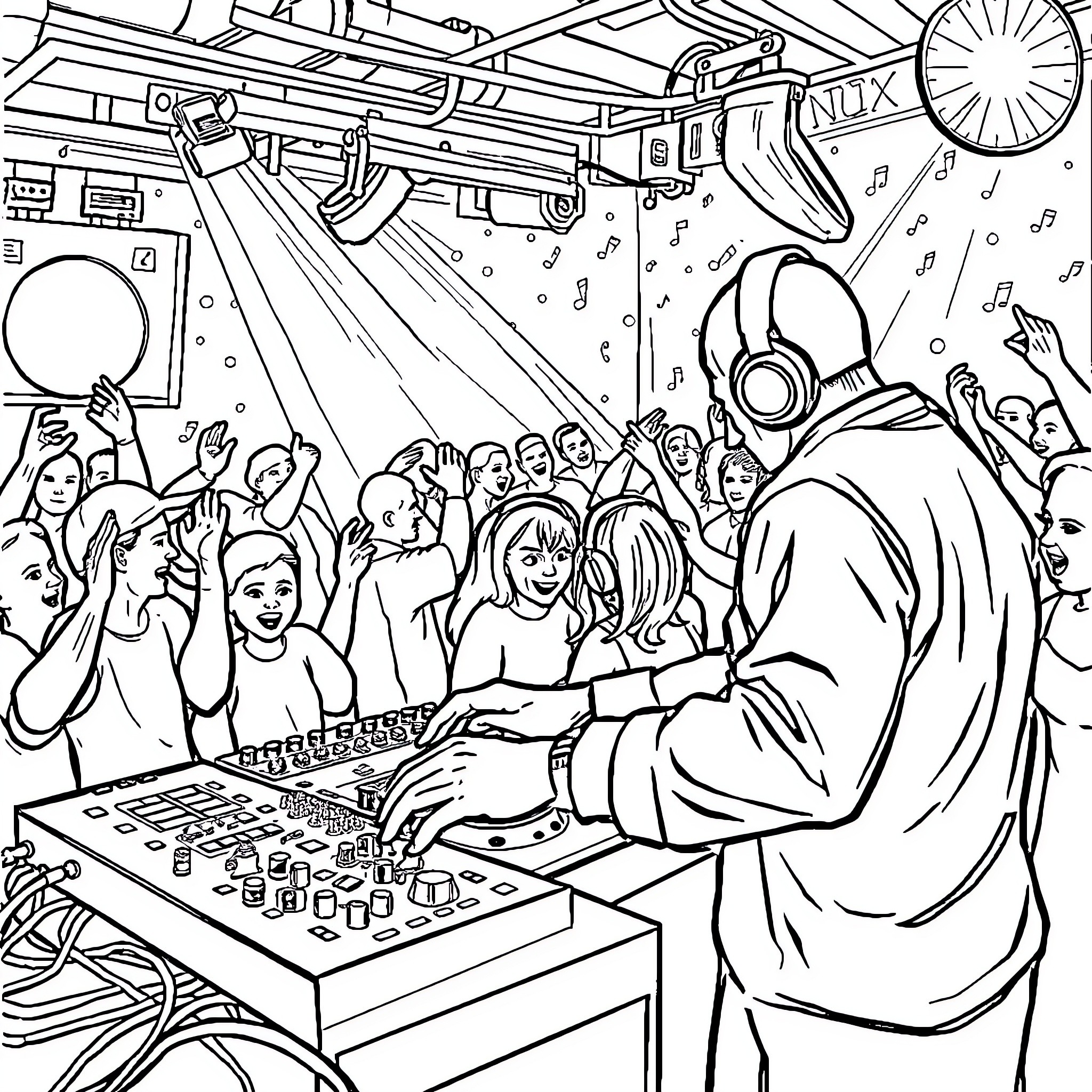 DJ spinning at a lively music event Coloring Page (free black-and-white line drawing printable PDF for all, from beginners to advanced learners, including children, teens, adults, and seniors)
